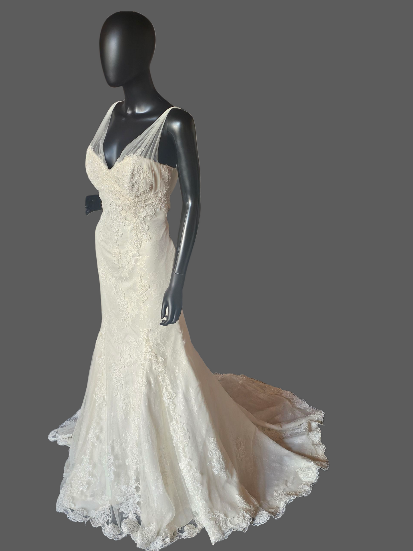 Dark Ivory Lace Fit/Flare V-Neck Wedding Gown - Pronovias