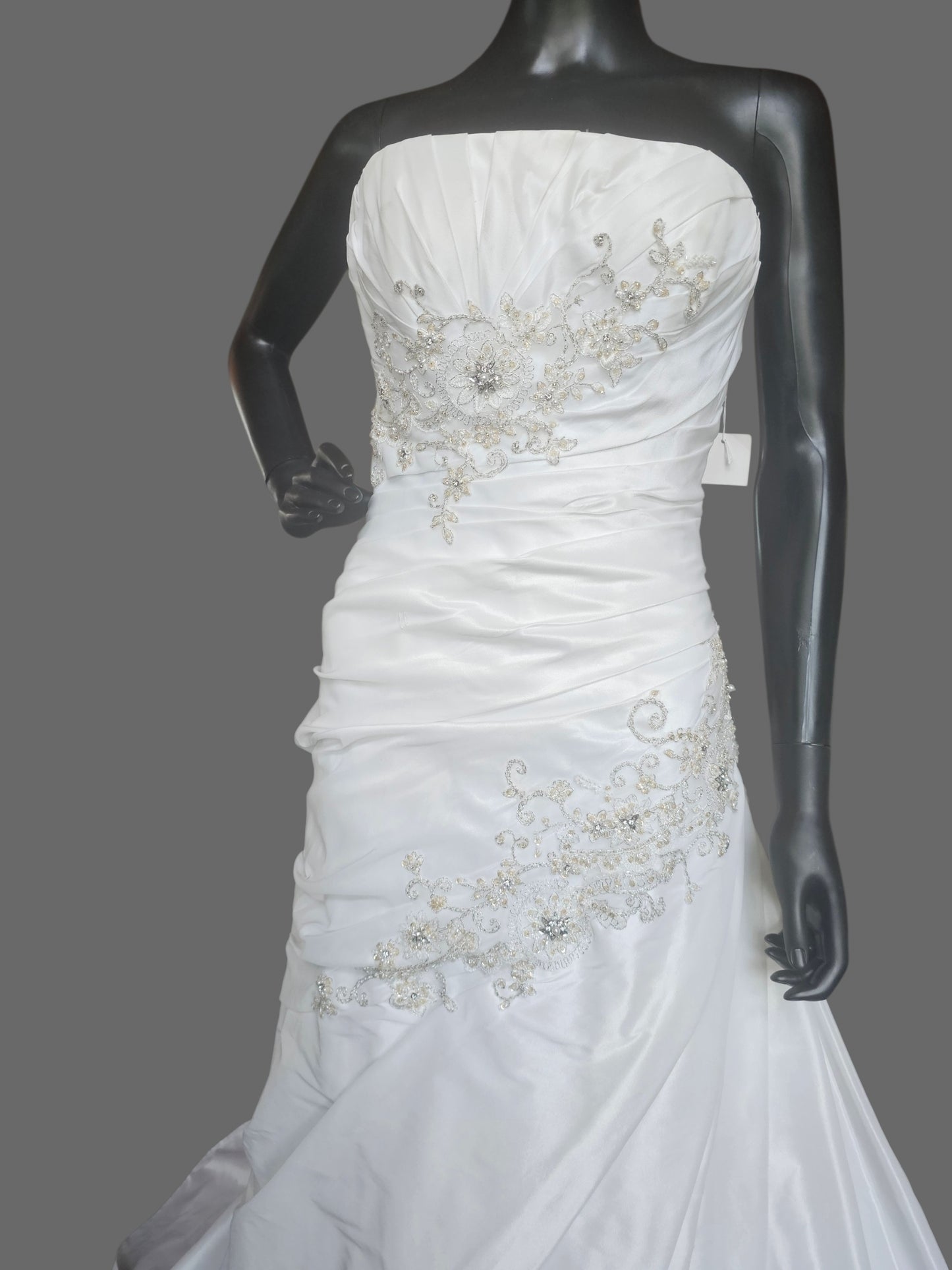 White Taffeta Side Sweep Detailed Applique Strapless Wedding Gown - Casablanca