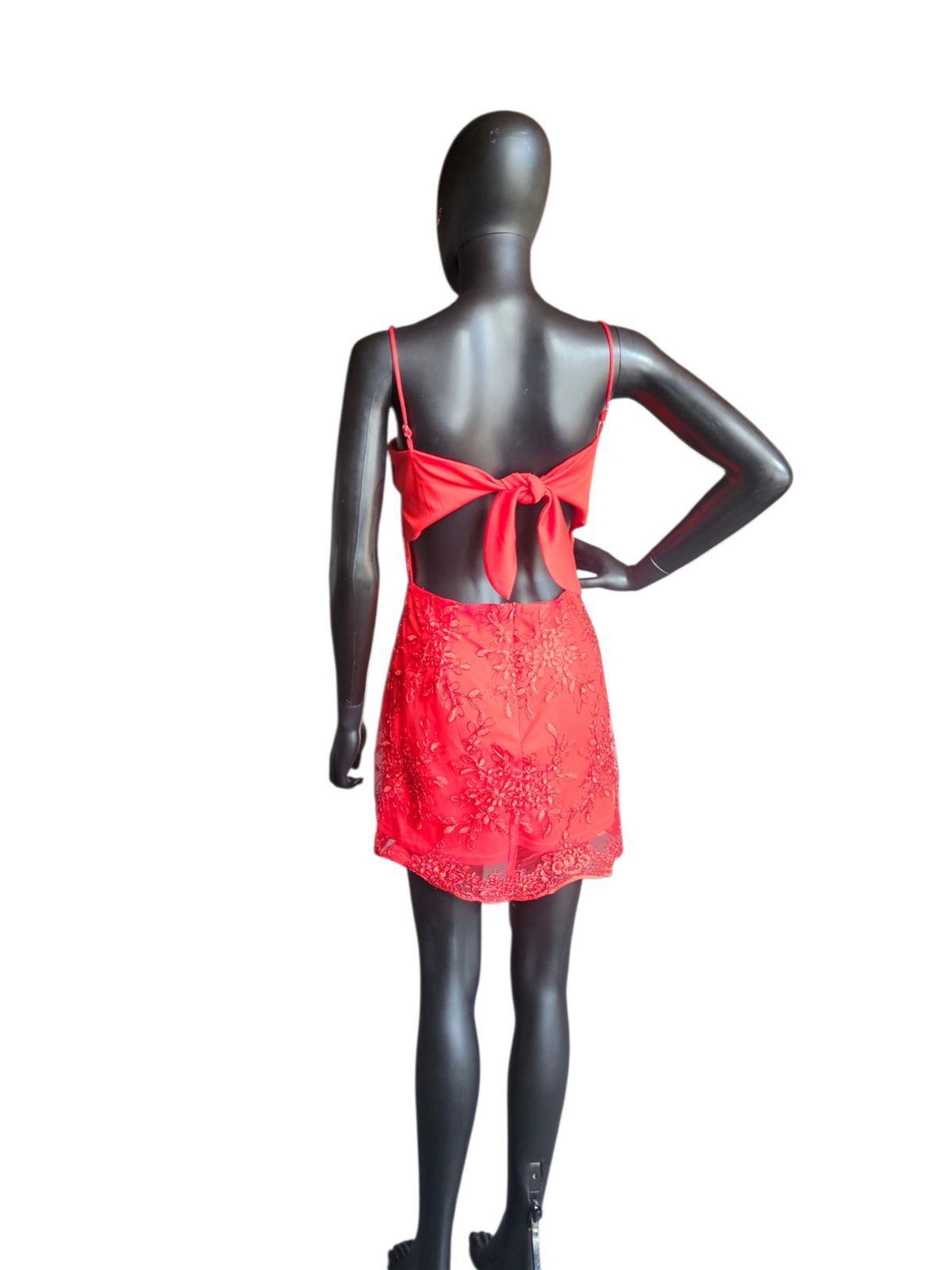 Red Corded Lace Fitted Open Back Homecoming Dress - Lucy in the Sky