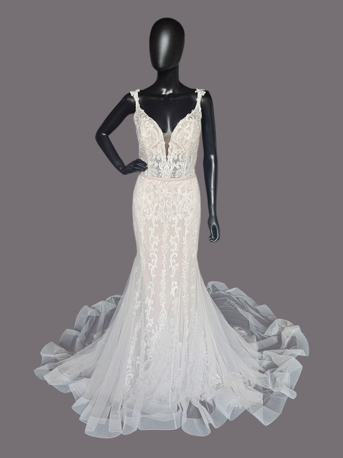 Ivory/Cappuccino Lace Applique Fit and Flare - Mori Lee
