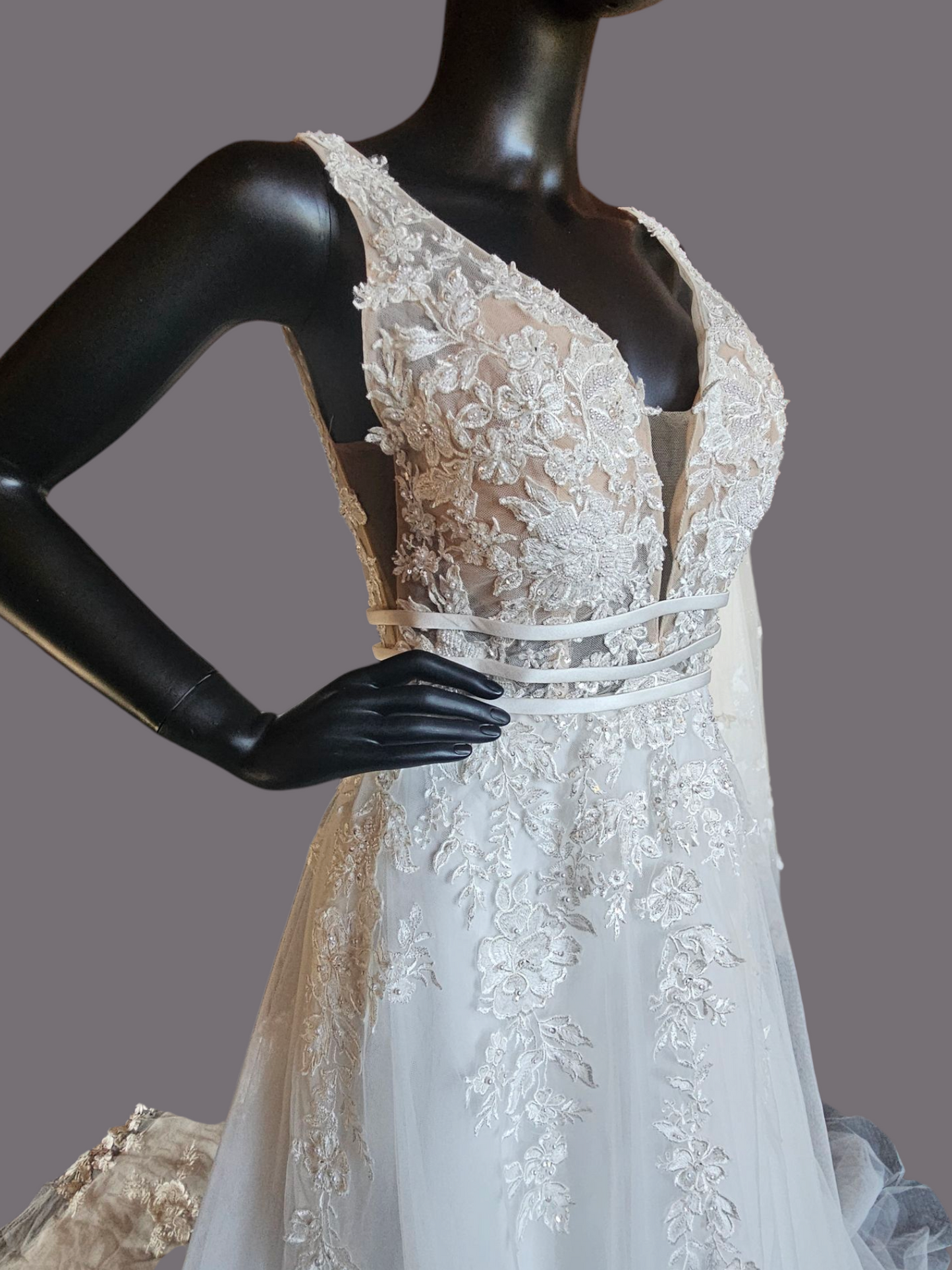 Ivory A-Line Illusion Bodice Floral Applique Wedding Gown - Bliss Bridal