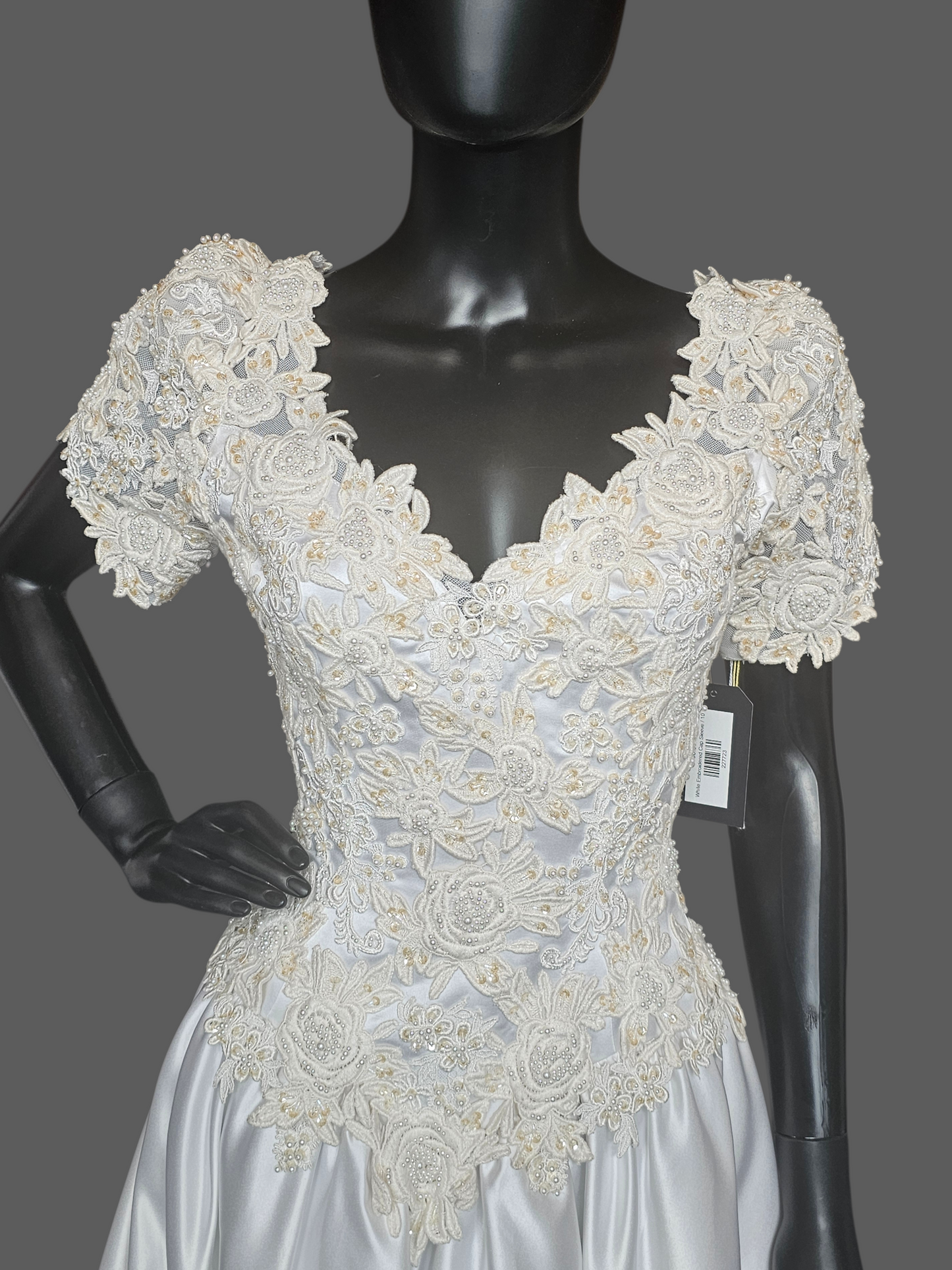 Vintage White Embroidered Cap Sleeve N-Neck Wedding Gown - Modest