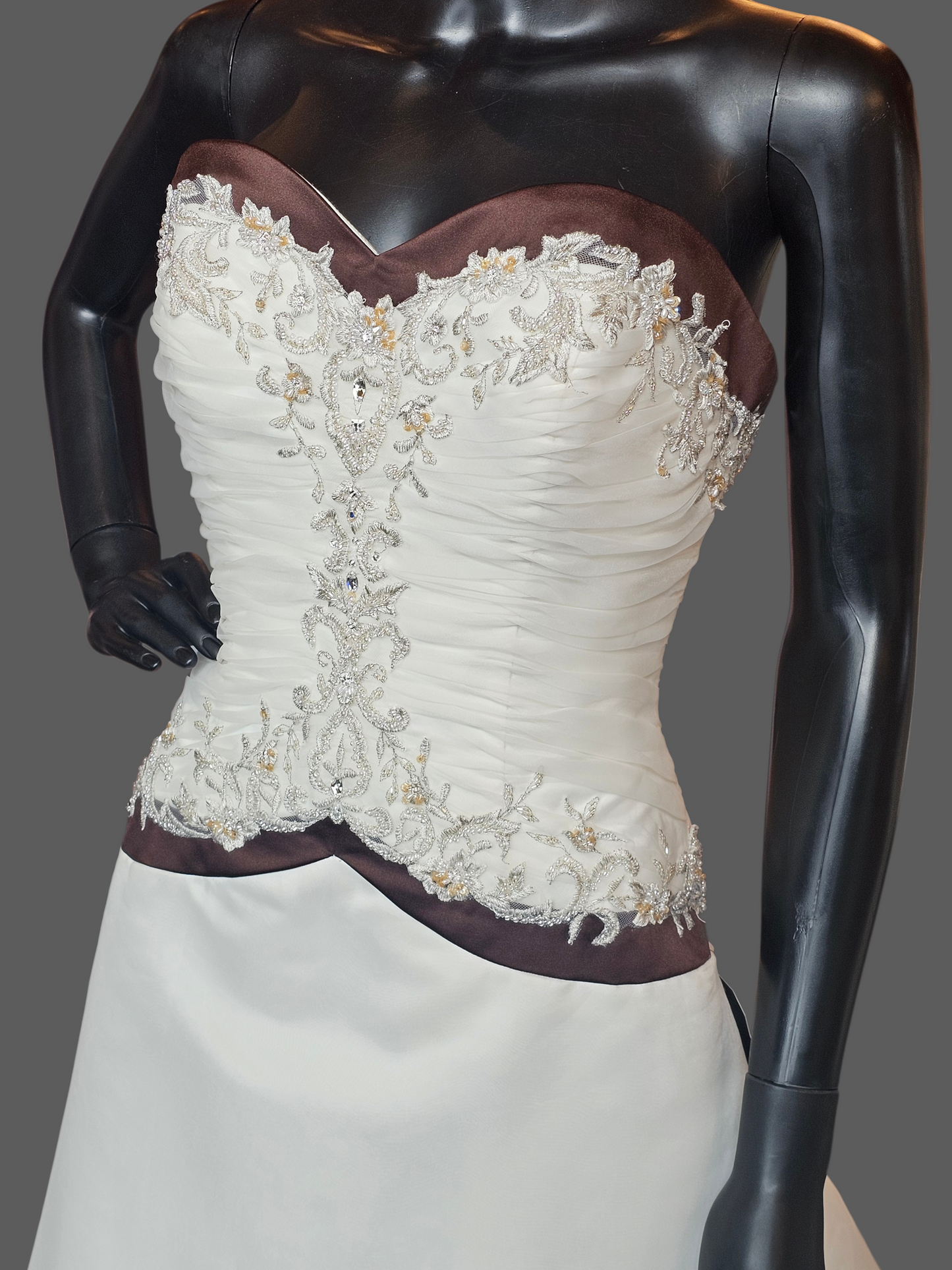 Ivory/Chocolate Satin Sweetheart A-line Wedding Gown - Bonny