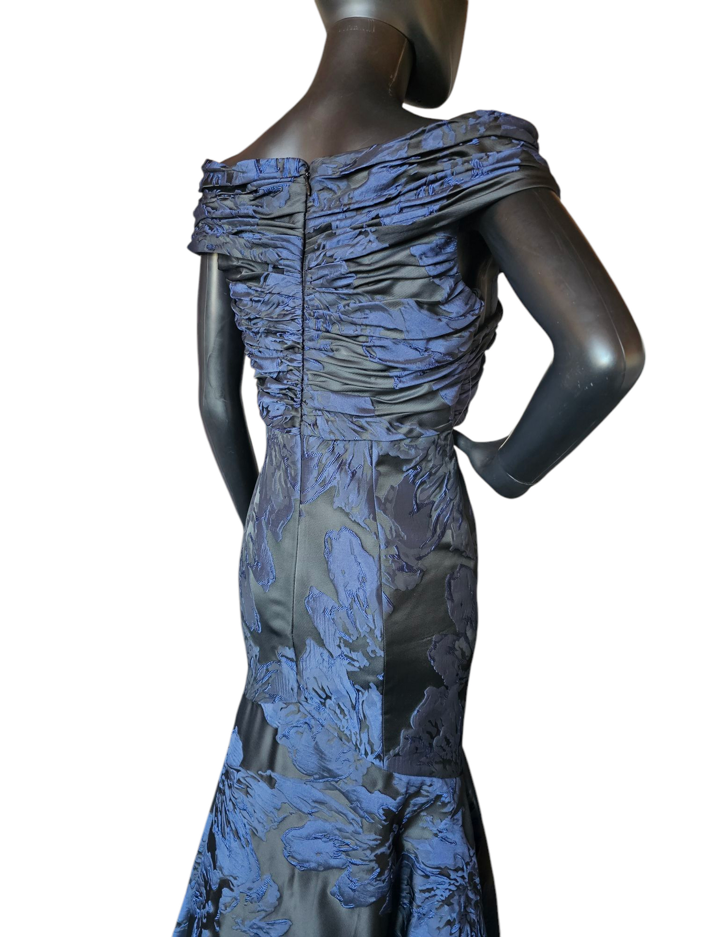 Black/Navy Jacquard Off Shoulder Fit/Flare Formal Gown - Madeline Gardner