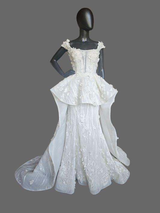 Ivory Wedding Gown 3D Floral Peplum With A Square Neckline And Cap Sleeves - Maddison James