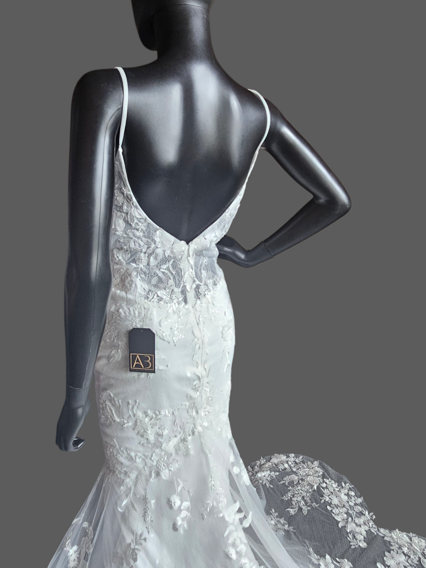 Ivory Fitted Spaghetti Strap Plunge Scallop Train Wedding Gown - Stella Couture