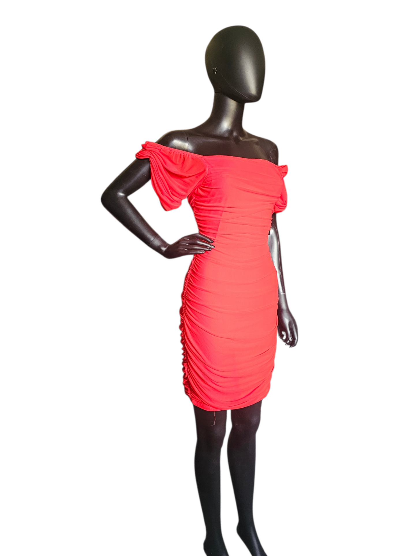 Red Net Ruched Cap Sleeve