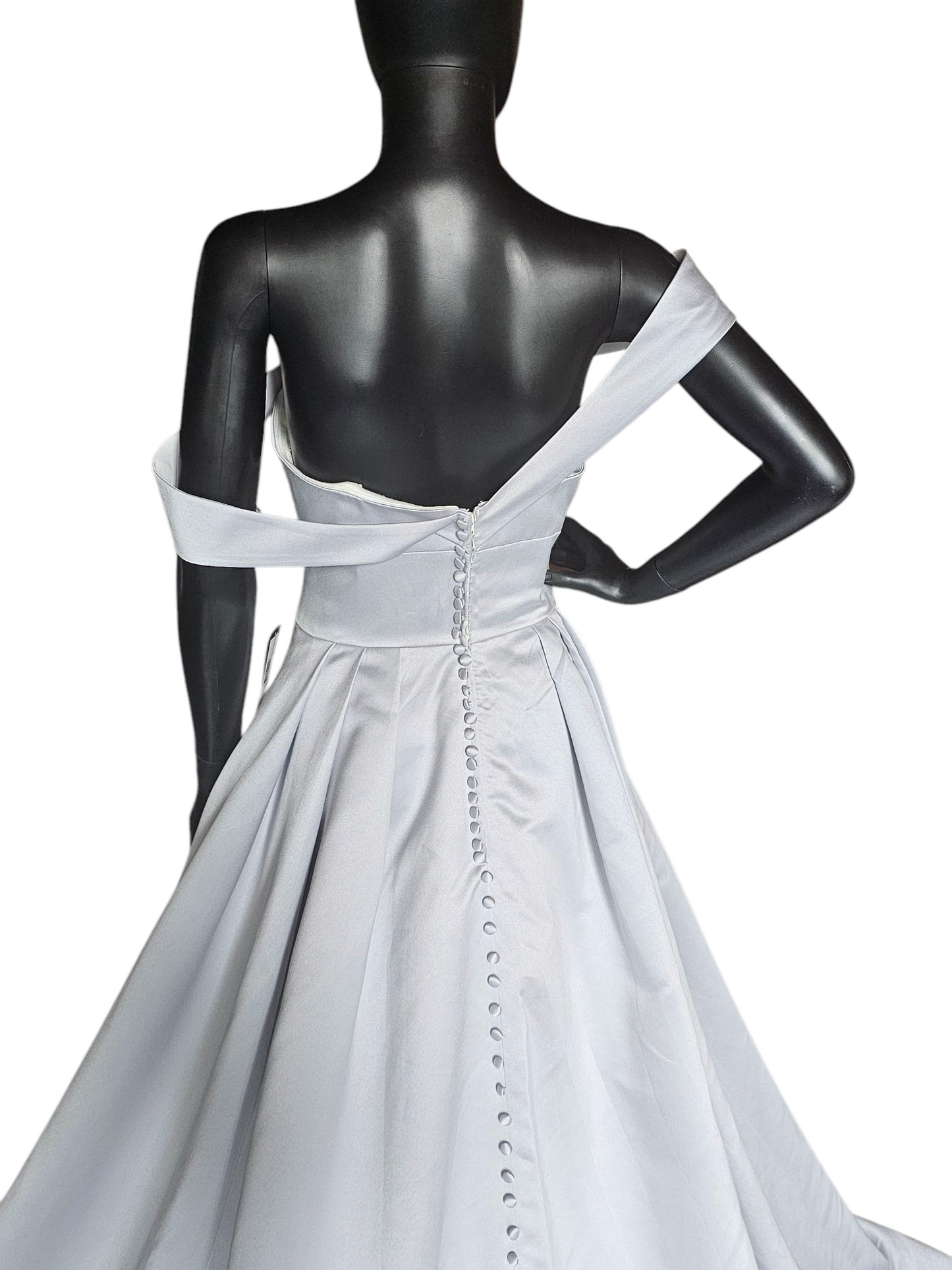 Off Shoulder Misty Blue Satin Wedding Gown - Morilee Madeline Gardner