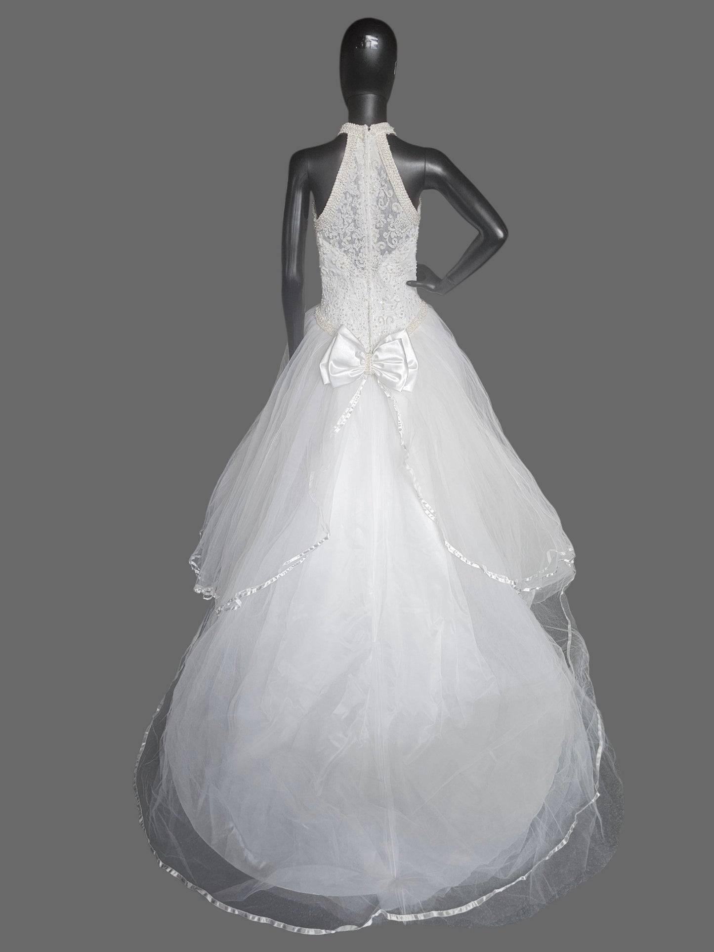 Vintage 90's Pearl Racer Halter Tulle Ballgown Wedding Dress  - Mori Lee