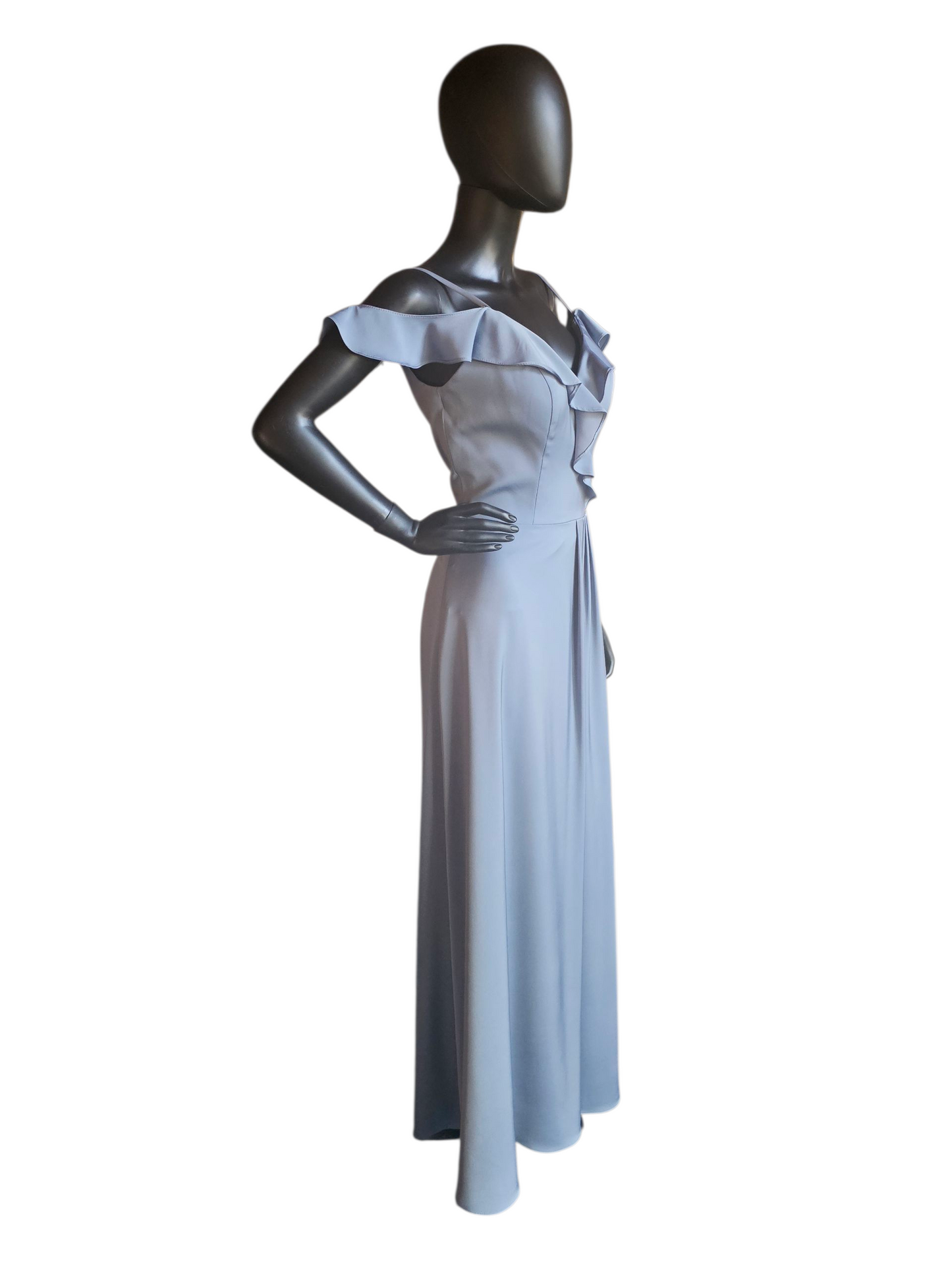 Dusty Blue Soft Satin Flutter Sleeve Full Length Formal Dress - Da Vinci