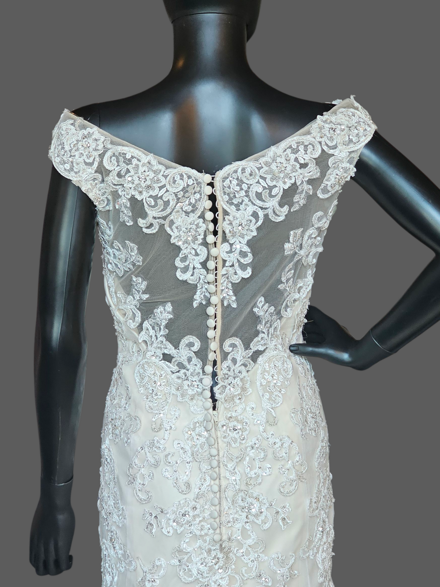 Ivory/Champagne Off Shoulder Fit and Flare Sparkle Illusion Wedding Gown