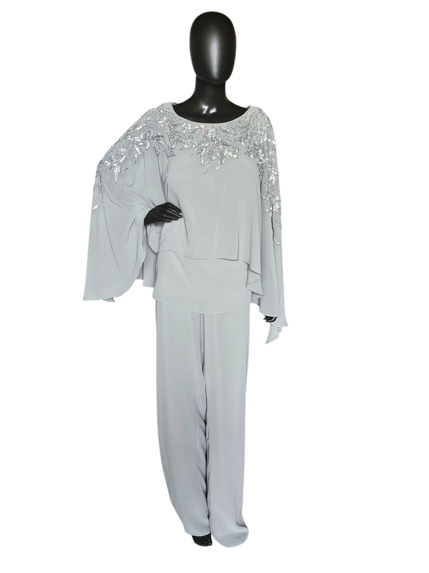 Silver Chiffon 2-Piece Formal Pantsuit - Madeline Gardner NY
