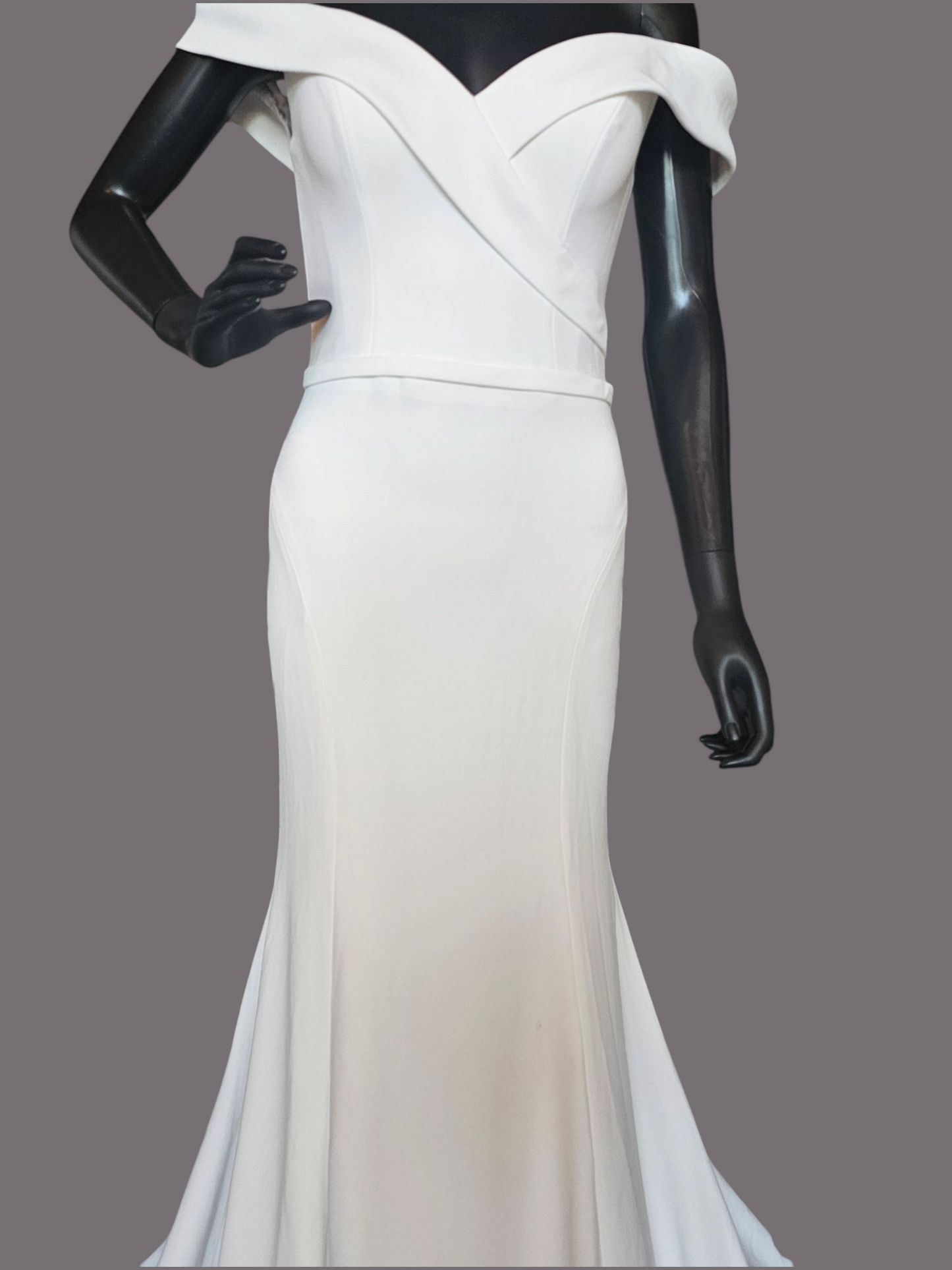 Ivory Off Shoulder Fitted Crepe Wedding Gown