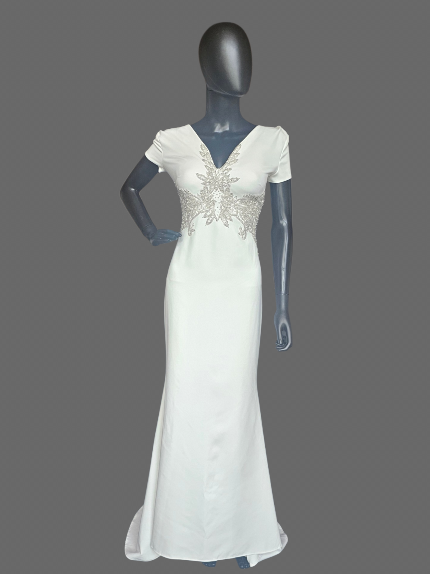 Ivory Wedding Gown Cap Sleeve Sheath Beaded With Peral Design Around The Dress Cowl Back  - Franssical