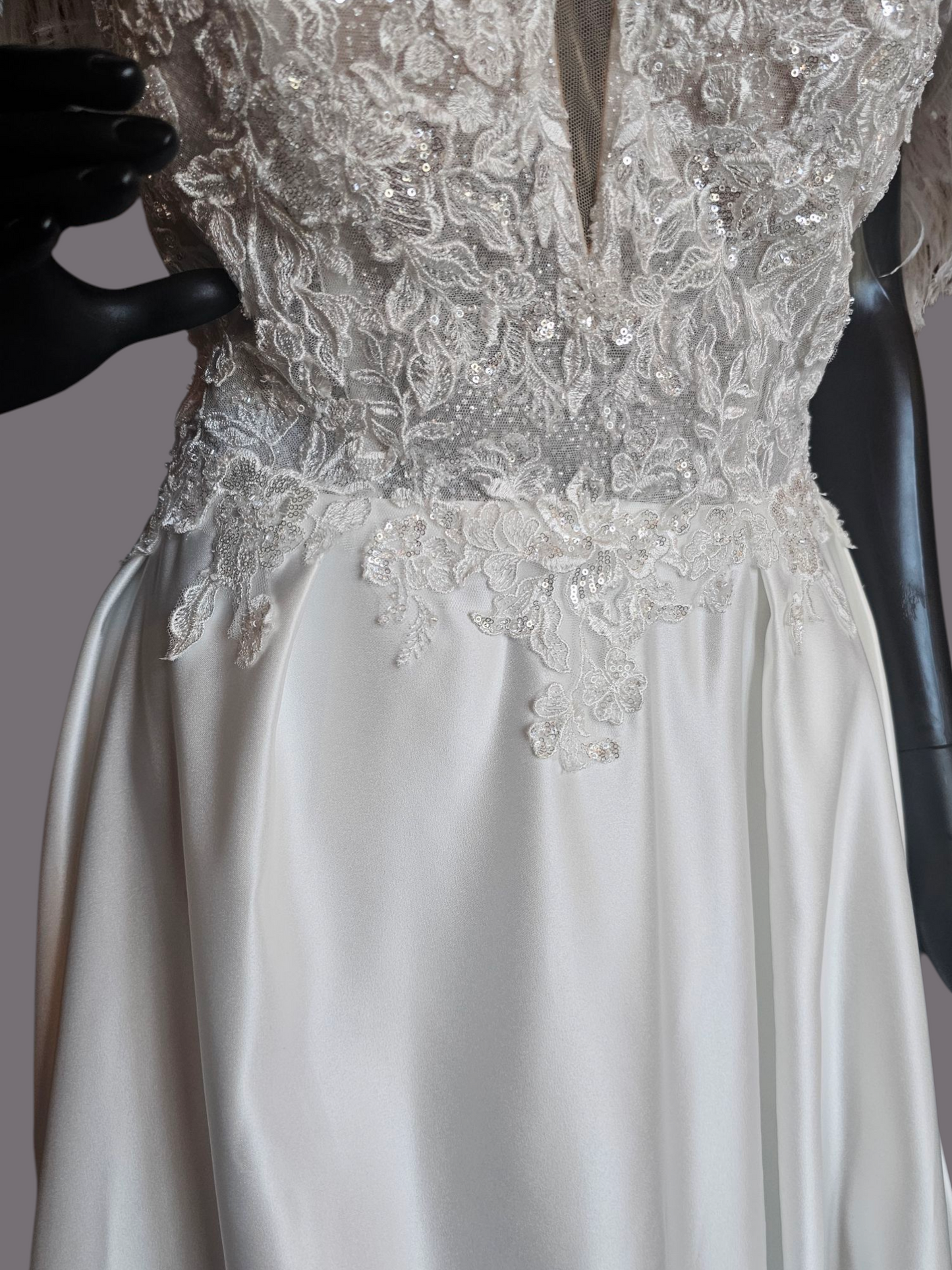 Ivory Satin Plunge Illusion Bodice Removable Feather Straps Wedding Gown - Amy & Eve