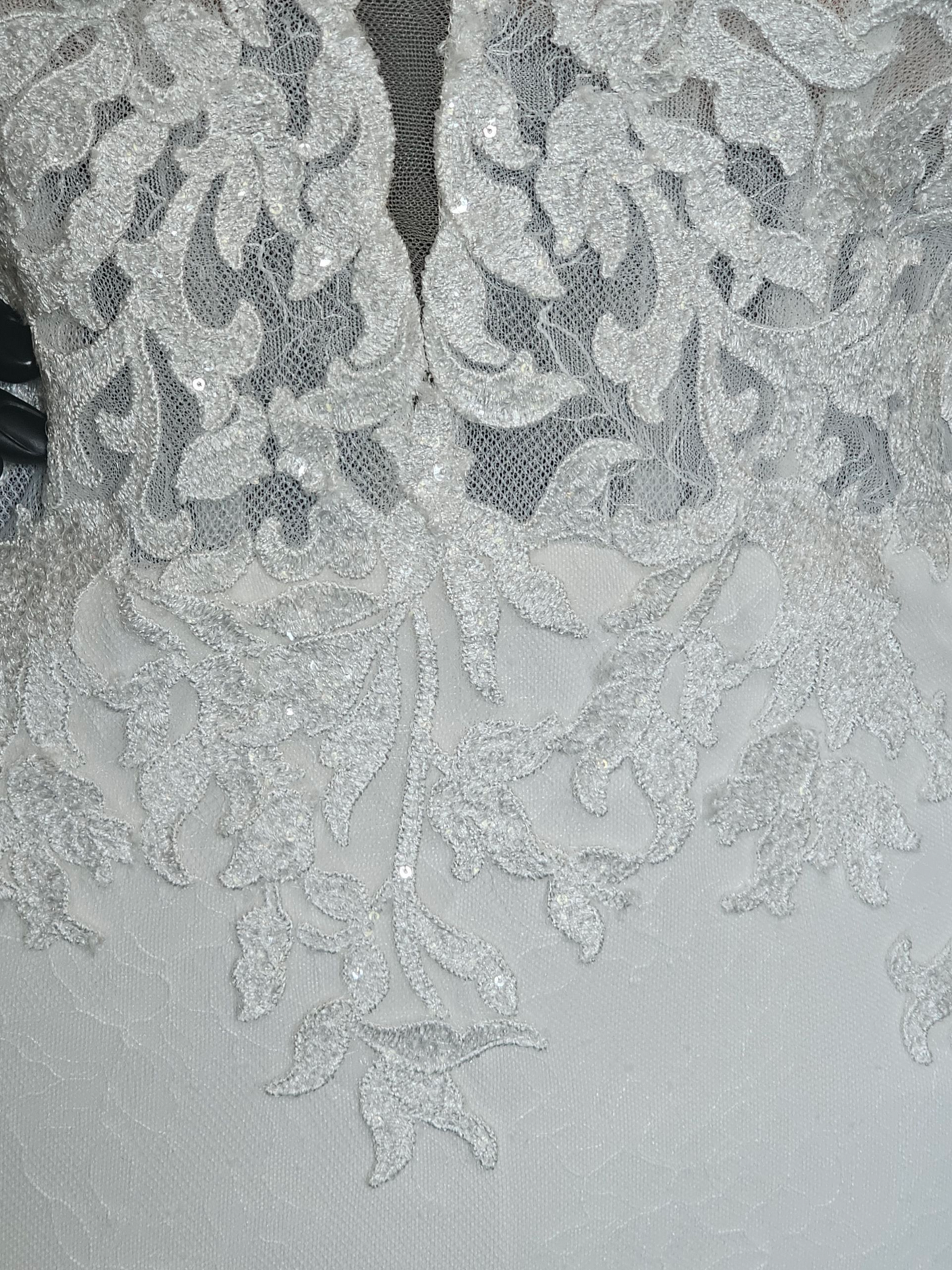 Ivory Lace Overlay Long Sleeve Plunge Fit/Flare Scallop Train Wedding Gown - Mori Lee