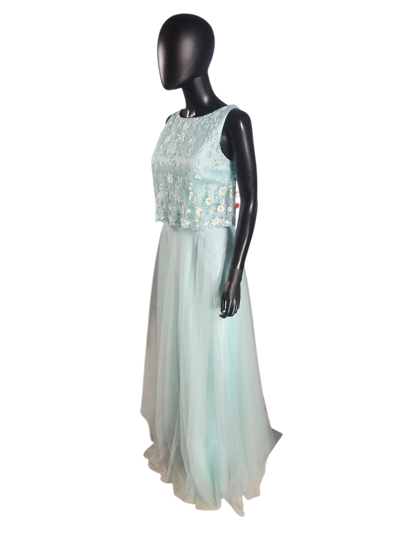 Mint Lace Bodice Full Length Formal A-Line Dress - Mori Lee