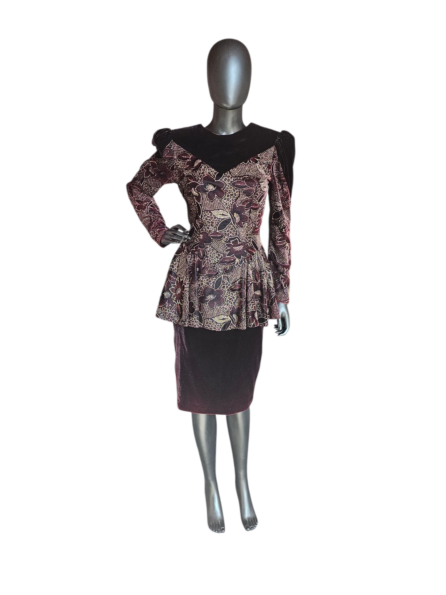 Vintage Dark Burgandy Velvet Peplum Party Dress - Jessica McClintock