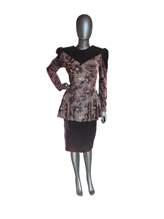 Vintage Dark Burgandy Velvet Peplum Party Dress - Jessica McClintock