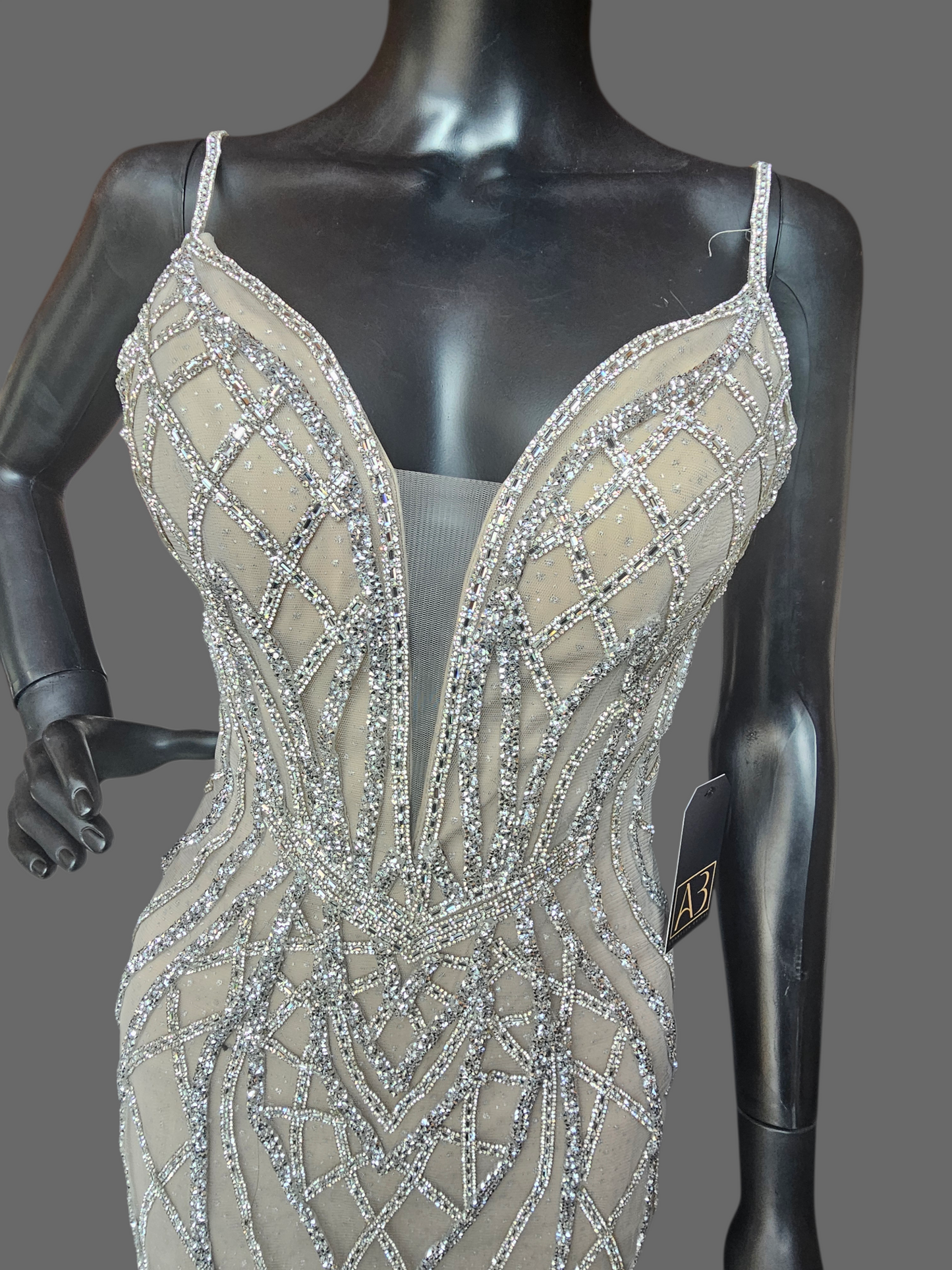 Nude Plunge Crystal Fitted Formal/Gala Dress - GB Social