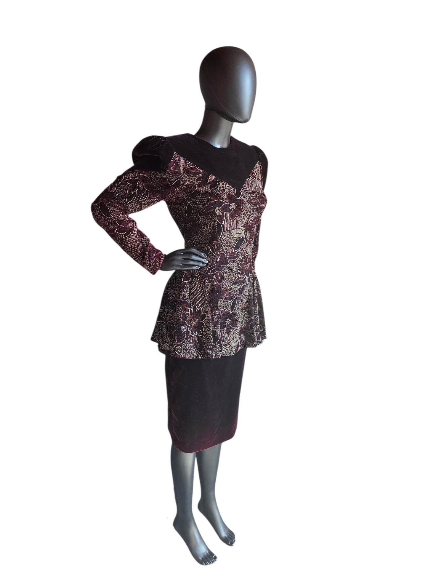 Vintage Dark Burgandy Velvet Peplum Party Dress - Jessica McClintock