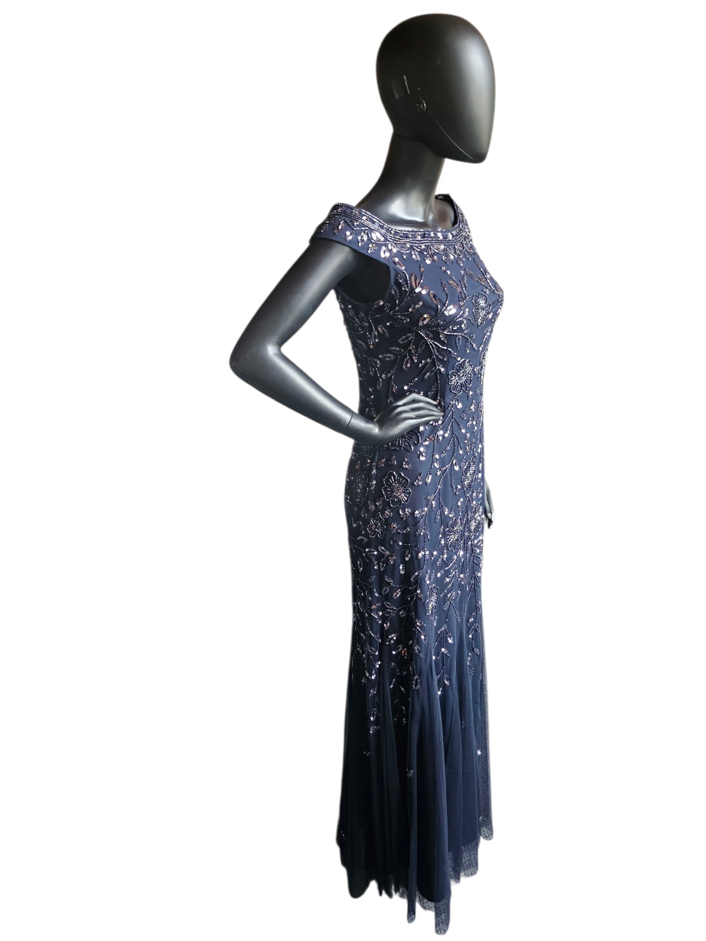 Navy Beaded Fit/Flare Off Shoulder Full Length Formal Dress - Oleg Cassini