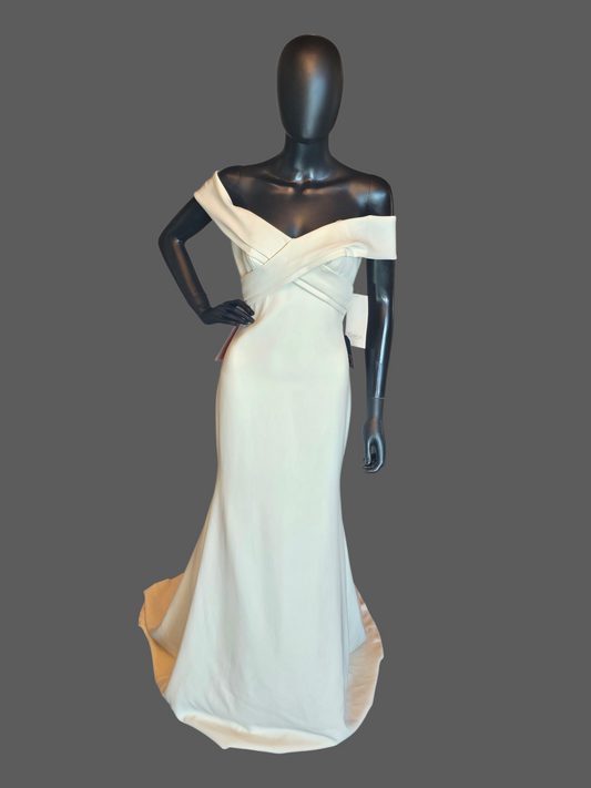 Off Shoulder Ivory Stretch Crepe Fit/Flare Wedding Gown - Theia NWT