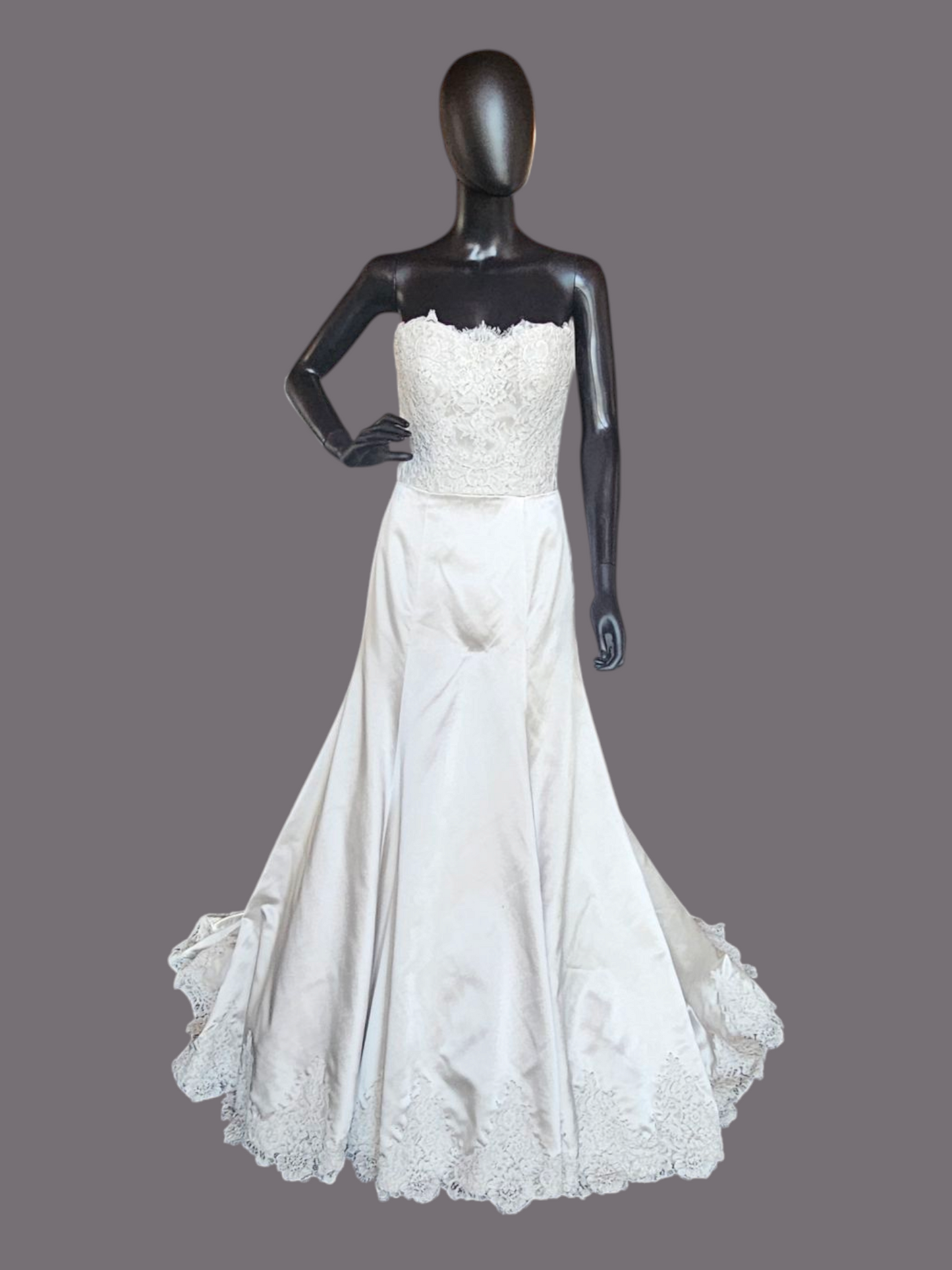 Oyster Satin/Lace Bodice Fit and Flare Wedding Gown