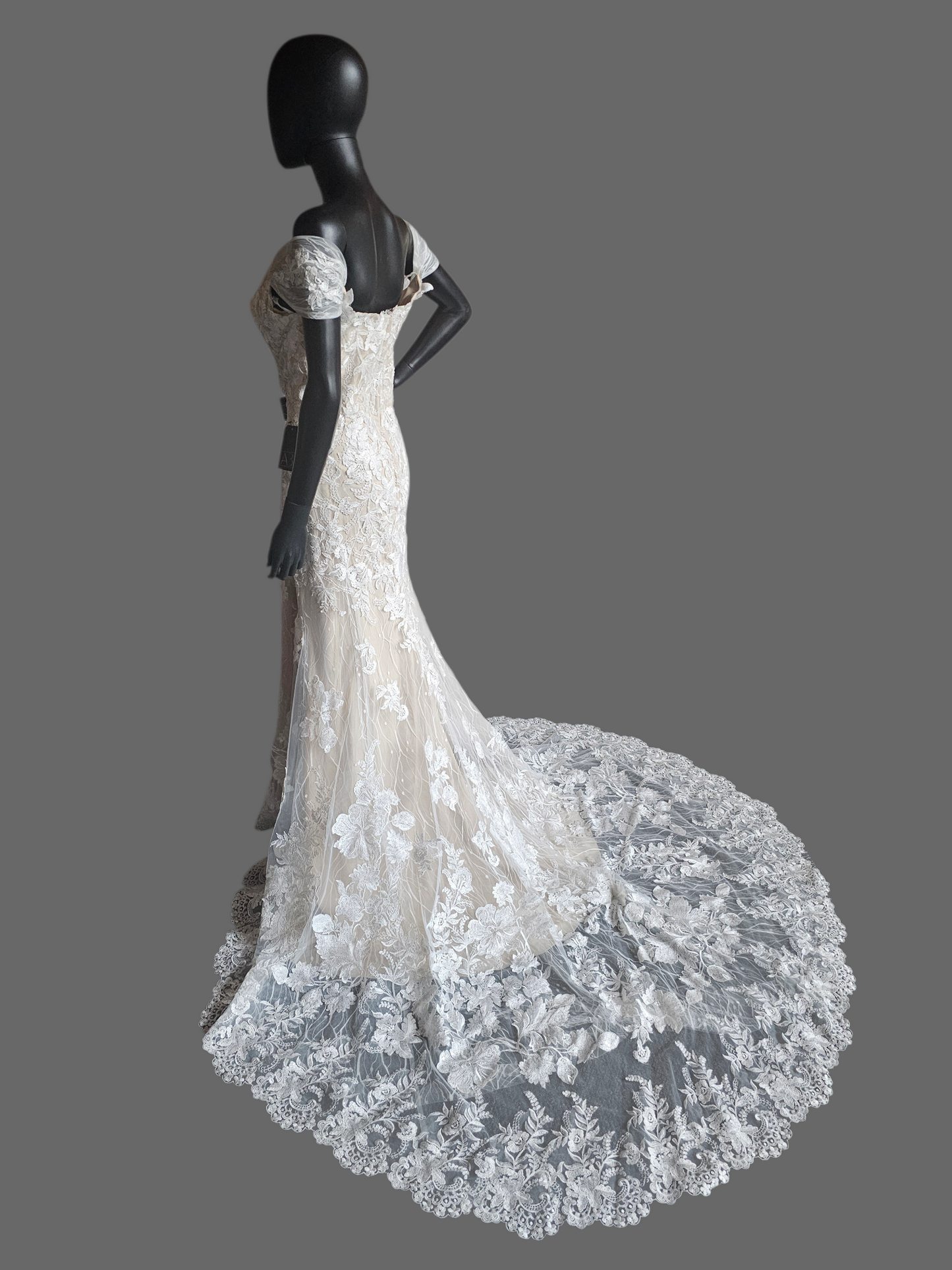 Ivory/Honey Layered Lace Fitted Off Shoulder Wedding Gown - Martin Thornburg