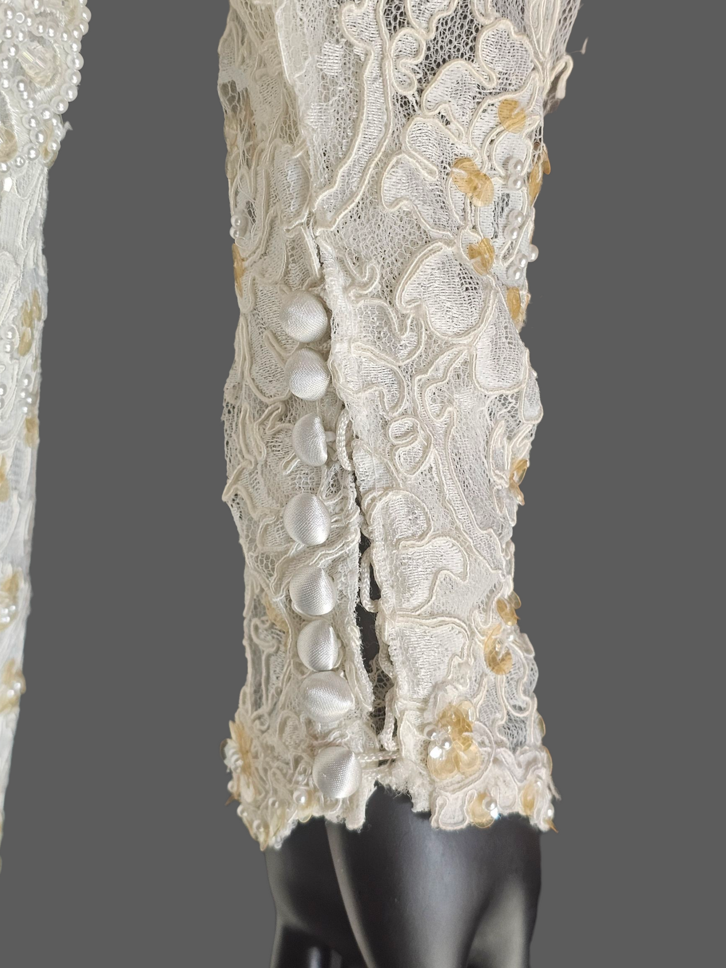 Vintage Ivory Beaded Lace Long Sleeve Fitted Sheath Wedding Gown