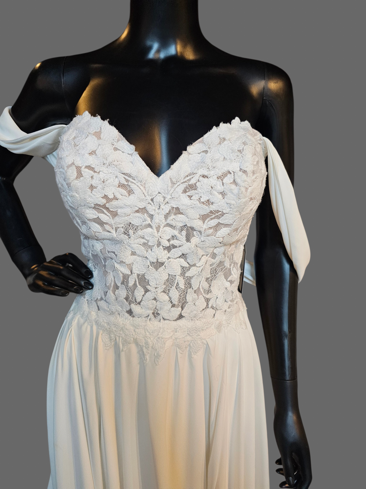 White Lace Drape Shoulder Butter Chiffon Wedding Gown - Dreams