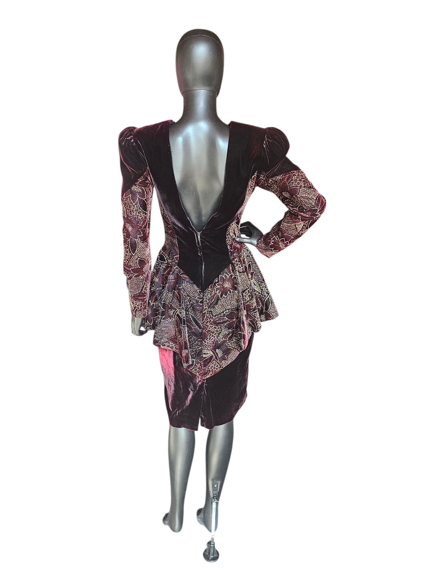 Vintage Dark Burgandy Velvet Peplum Party Dress - Jessica McClintock