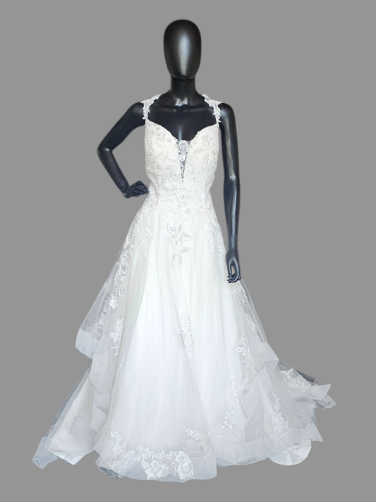 A-Line Floral Tiered Laced Sleeves Sweetheart Plunge Wedding Gown- Beloved