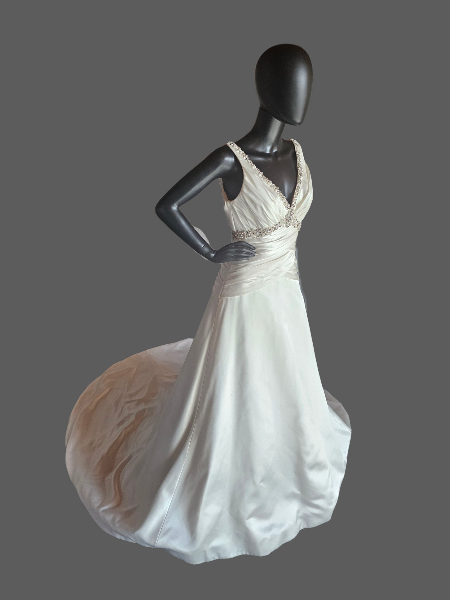 Ivory Satin V-Neck Jewel Detail A-Line Wedding Gown - Mori Lee