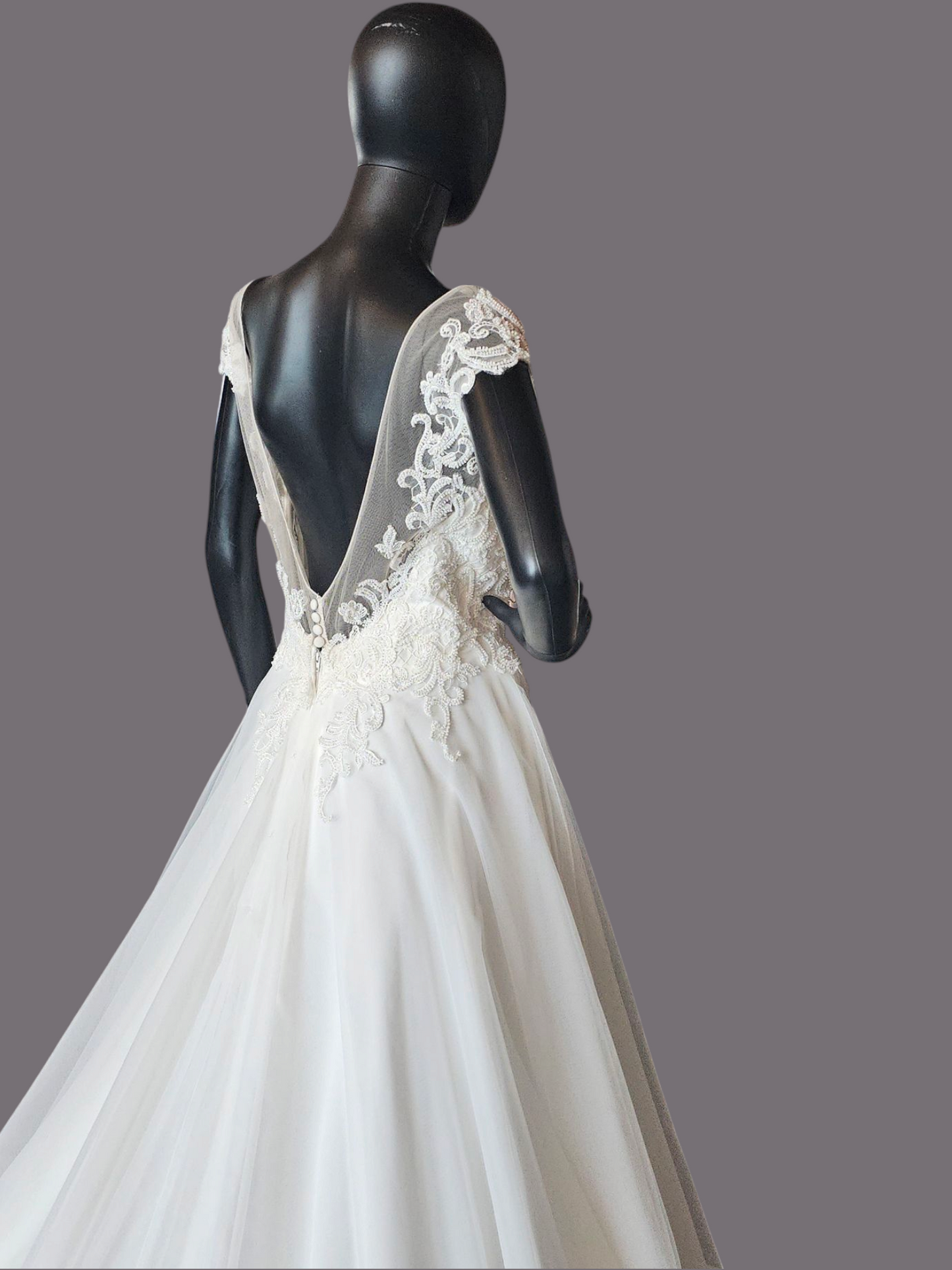 Ivory V-Neck Illusion Cap Sleeve A-Line Wedding Gown - Evelyn Bridal