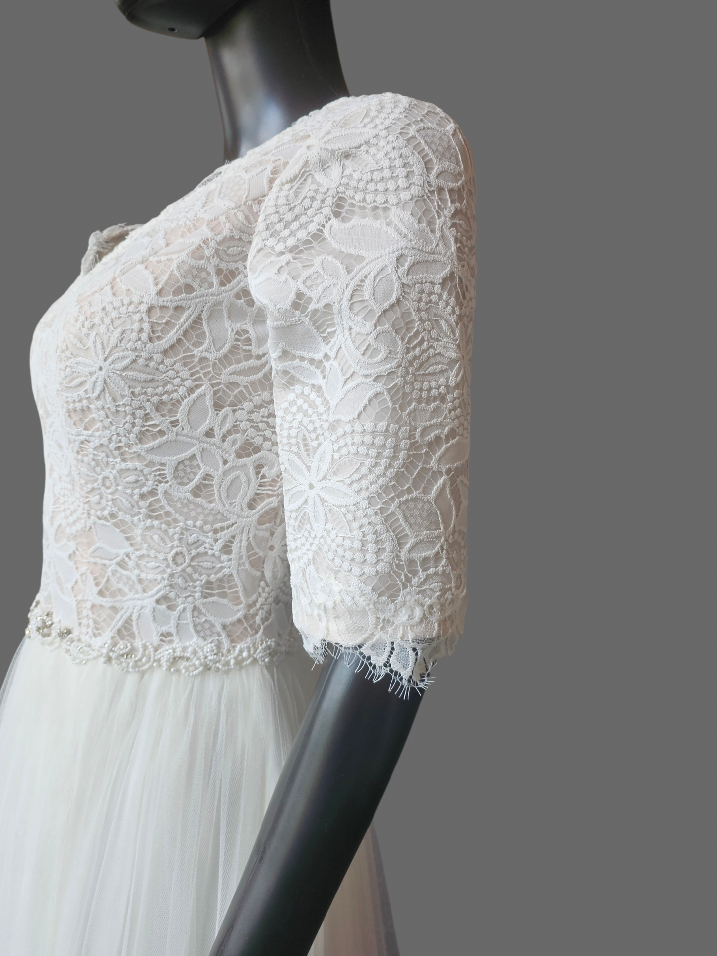Ivory Lace Bodice V-Neck 3/4 Sleeve Wedding Gown - Rebecca Ingram