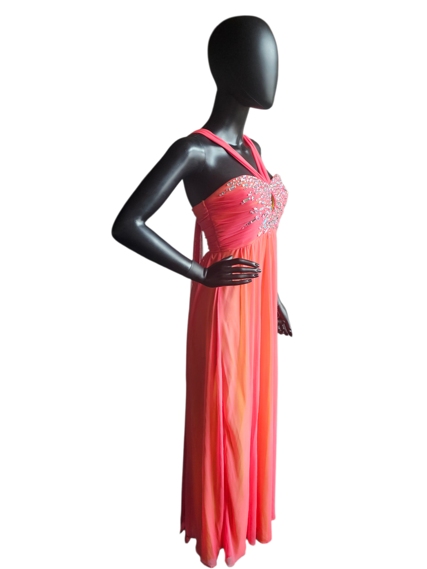 Coral/Yellow Crystal Halter Prom Dress
