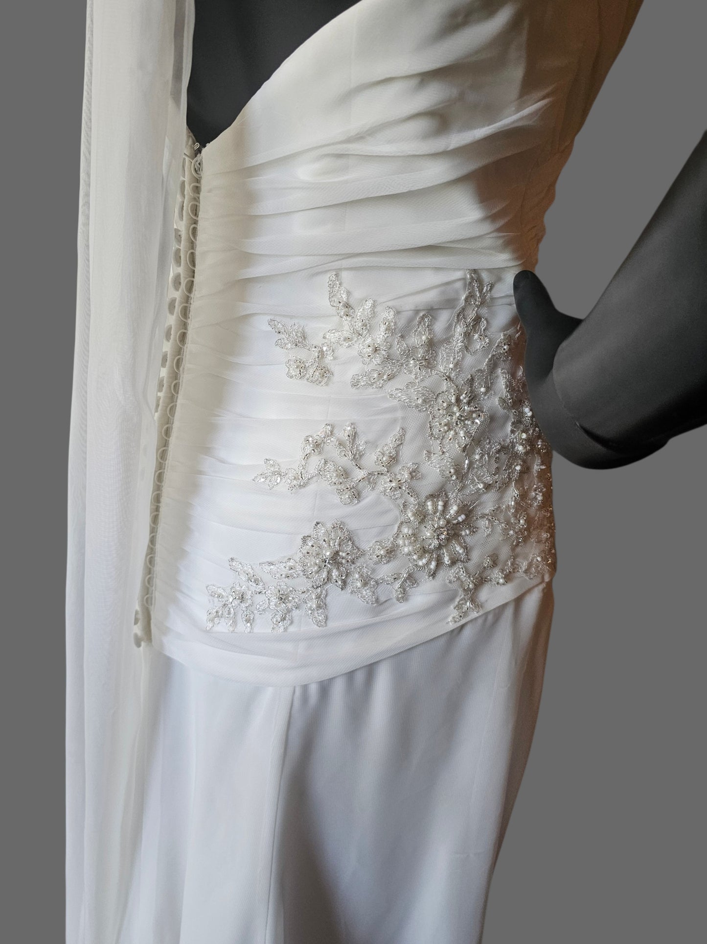 Chiffon Halter Asymmetrical Fit/Flare Beaded Applique - Private Label