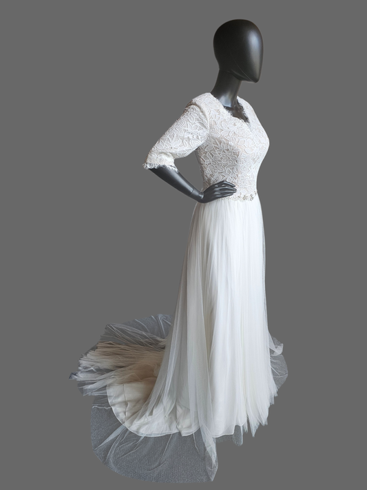 Ivory Lace Bodice V-Neck 3/4 Sleeve Wedding Gown - Rebecca Ingram