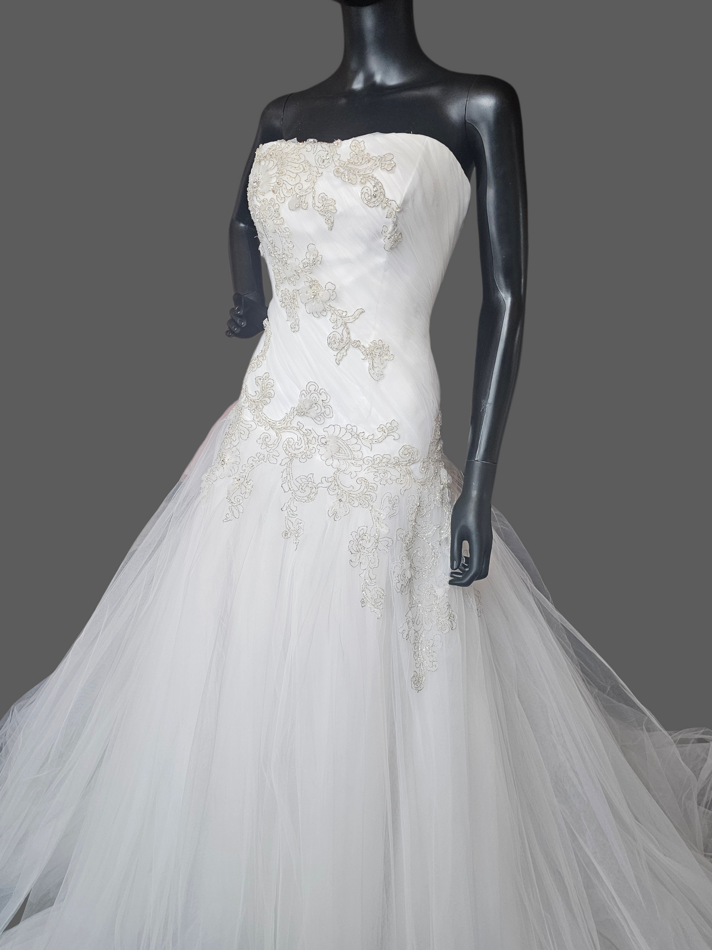 White Tulle Asymmetrical Drop Waist Silver/Gold Embroidered Strapless Wedding Gown - Casablanca