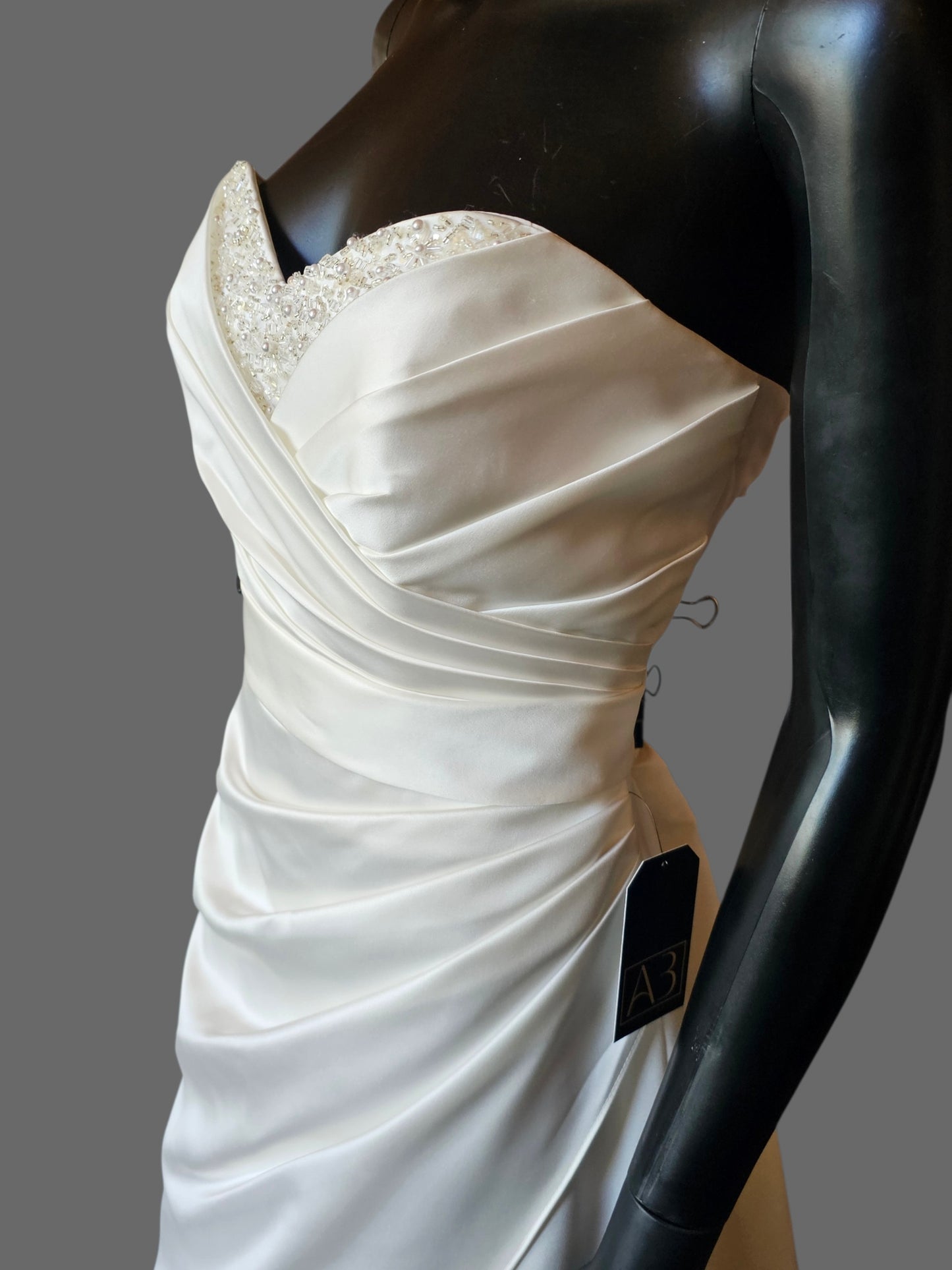 Ivory Satin Beaded V-Neck Side Sweep  - Alfred Angelo