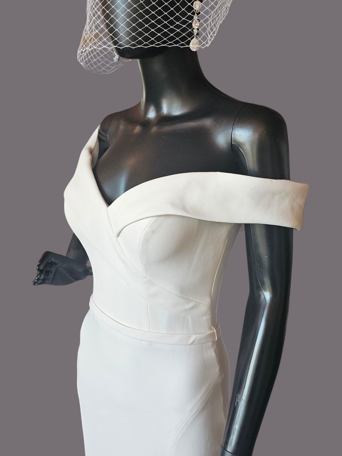 Ivory Off Shoulder Fitted Crepe Wedding Gown