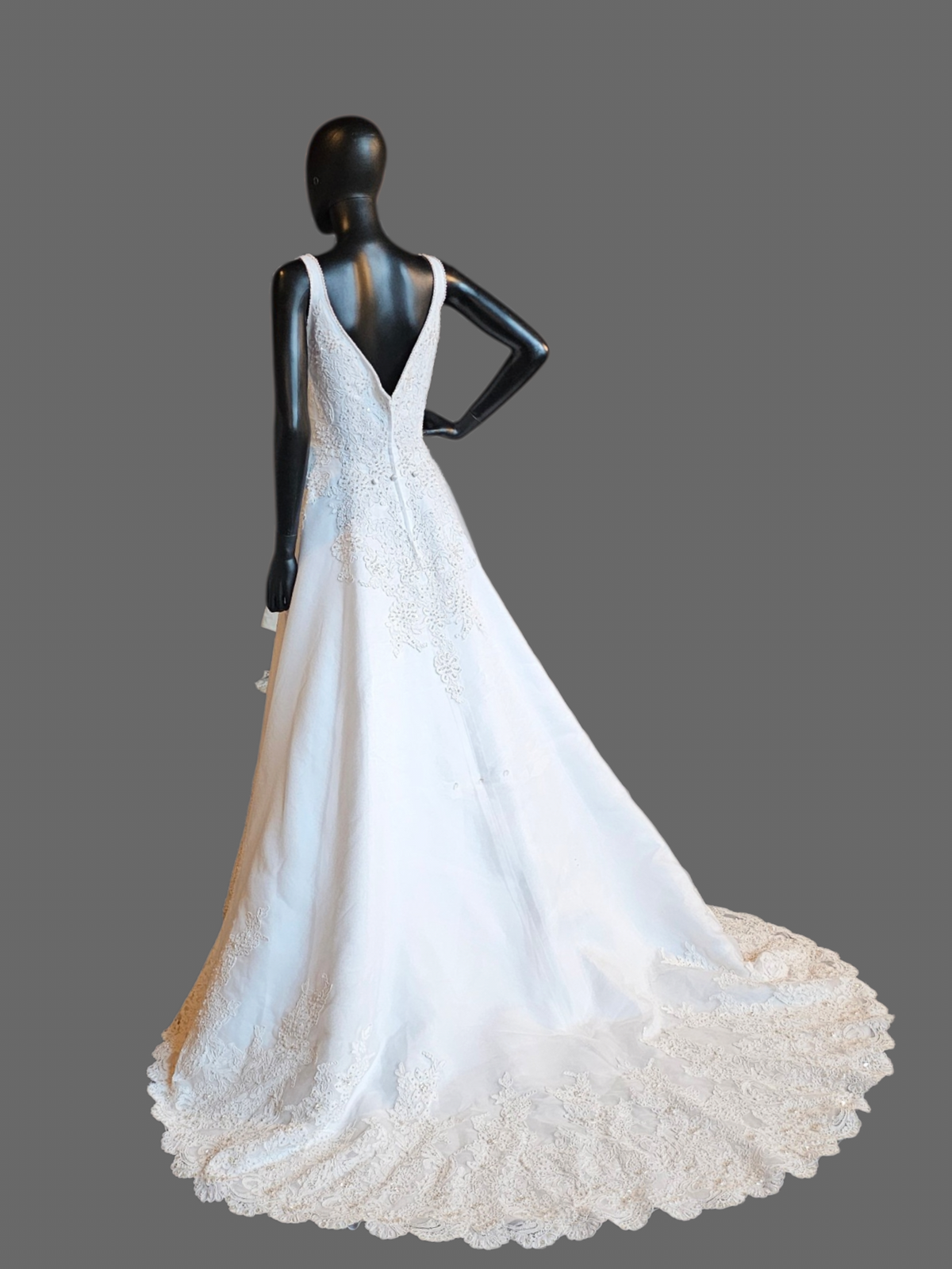 V-Neck Lace Applique Organza Wedding Gown - Oleg Cassini