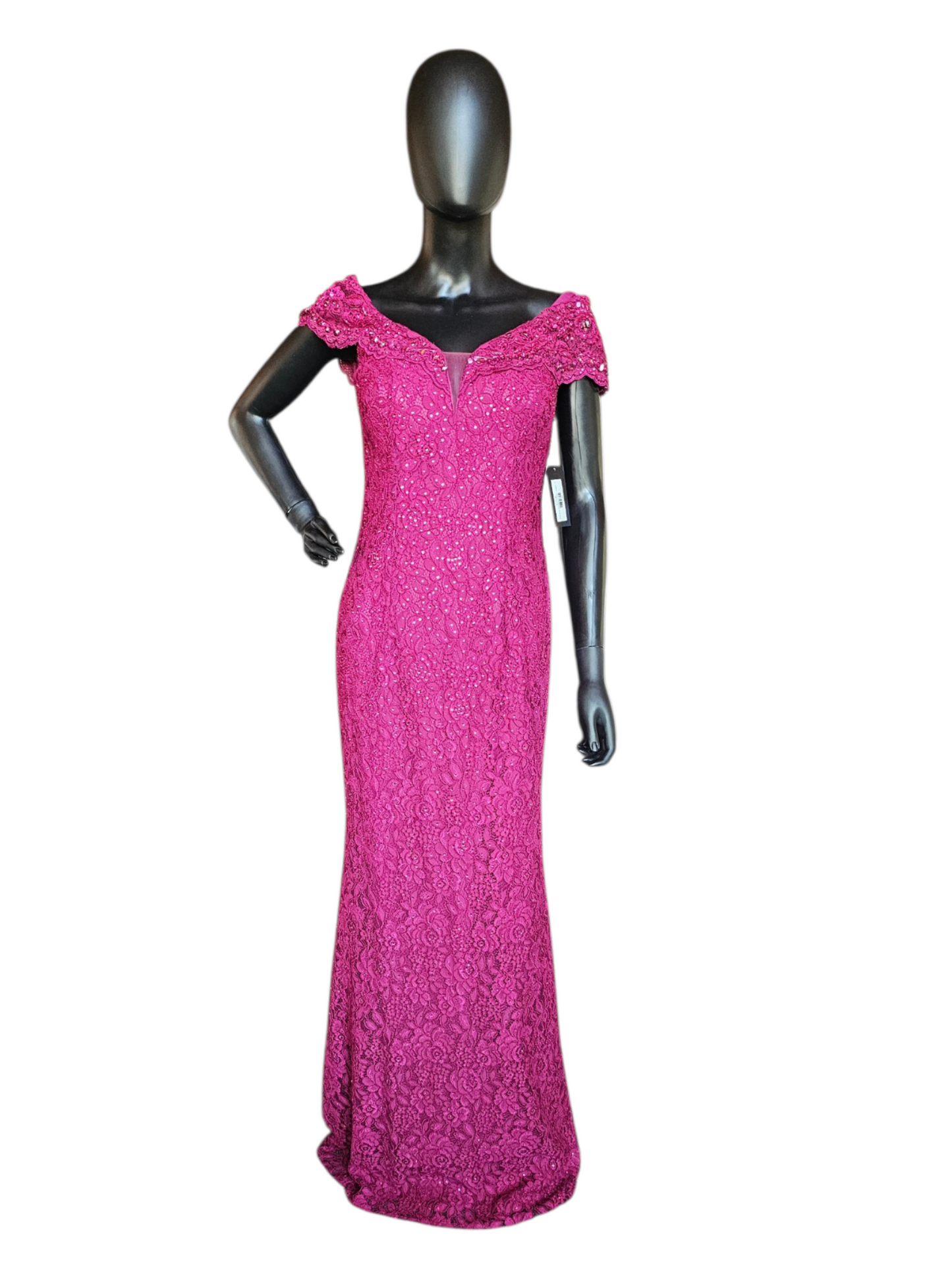 Magenta Rhinestone Lace Cap Sleeve Fit/Flare Portrait Formal/Moms Dress - Jovani