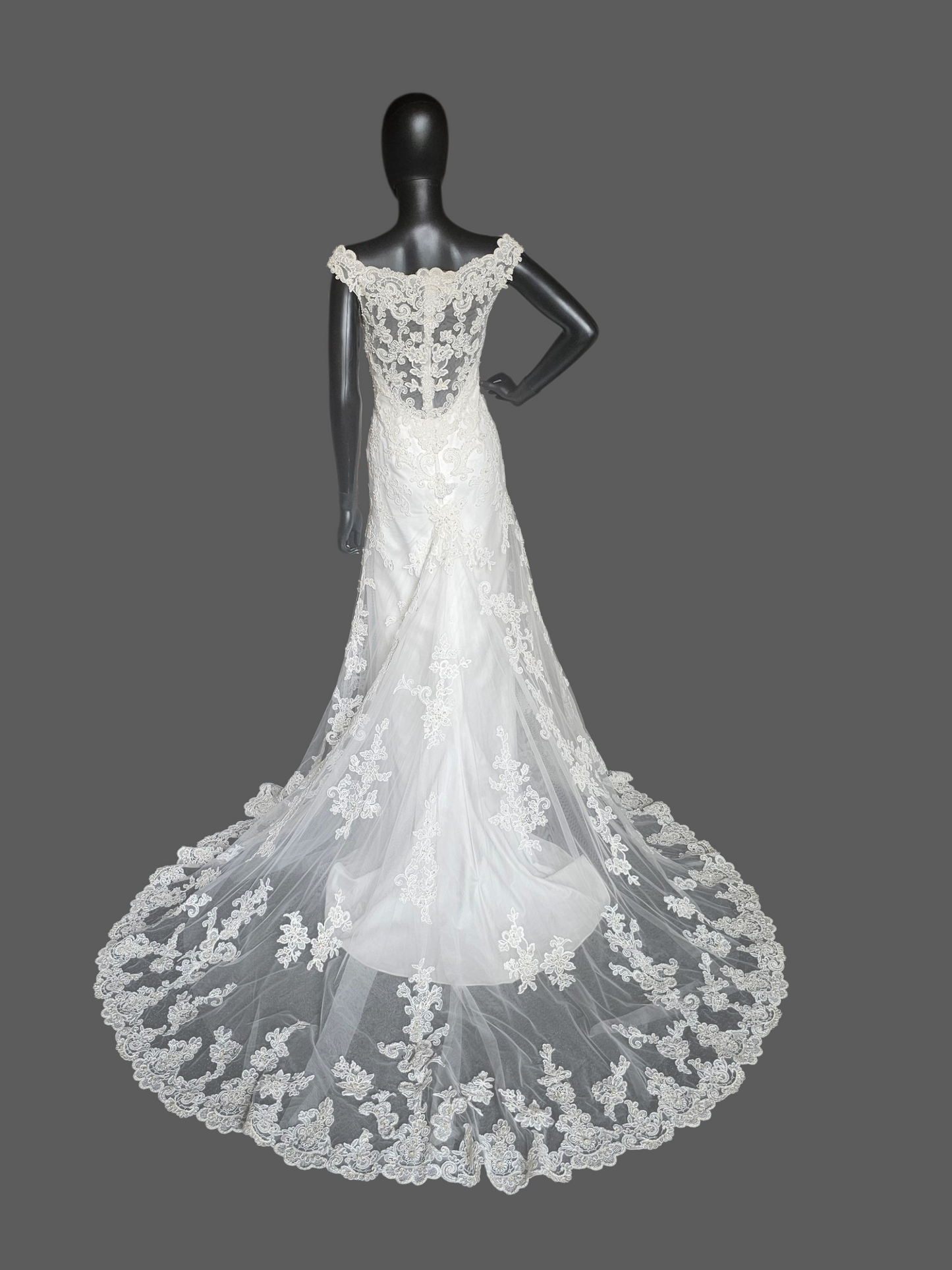 Ivory Lace Fit/Flare Bateau Neckline Wedding Gown - Casablanca