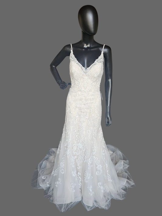 Blush/Ivory Lace Open Back Fit-Flare Wedding Gown - Rebecca Ingram