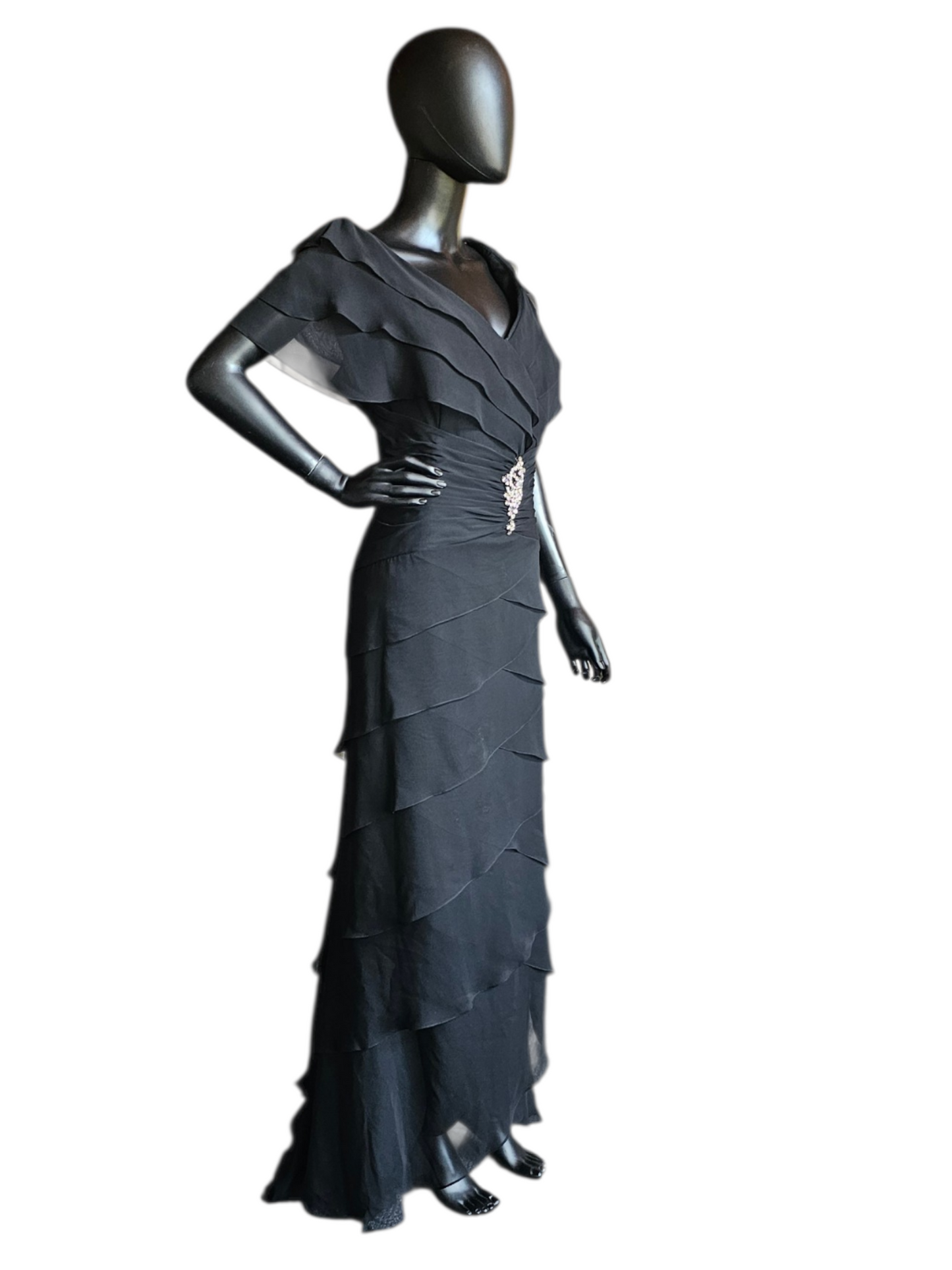 Black Chiffon Fit/Flared Tiered Cap Sleeve Applica Detail Formal/Moms Dress - Jovani