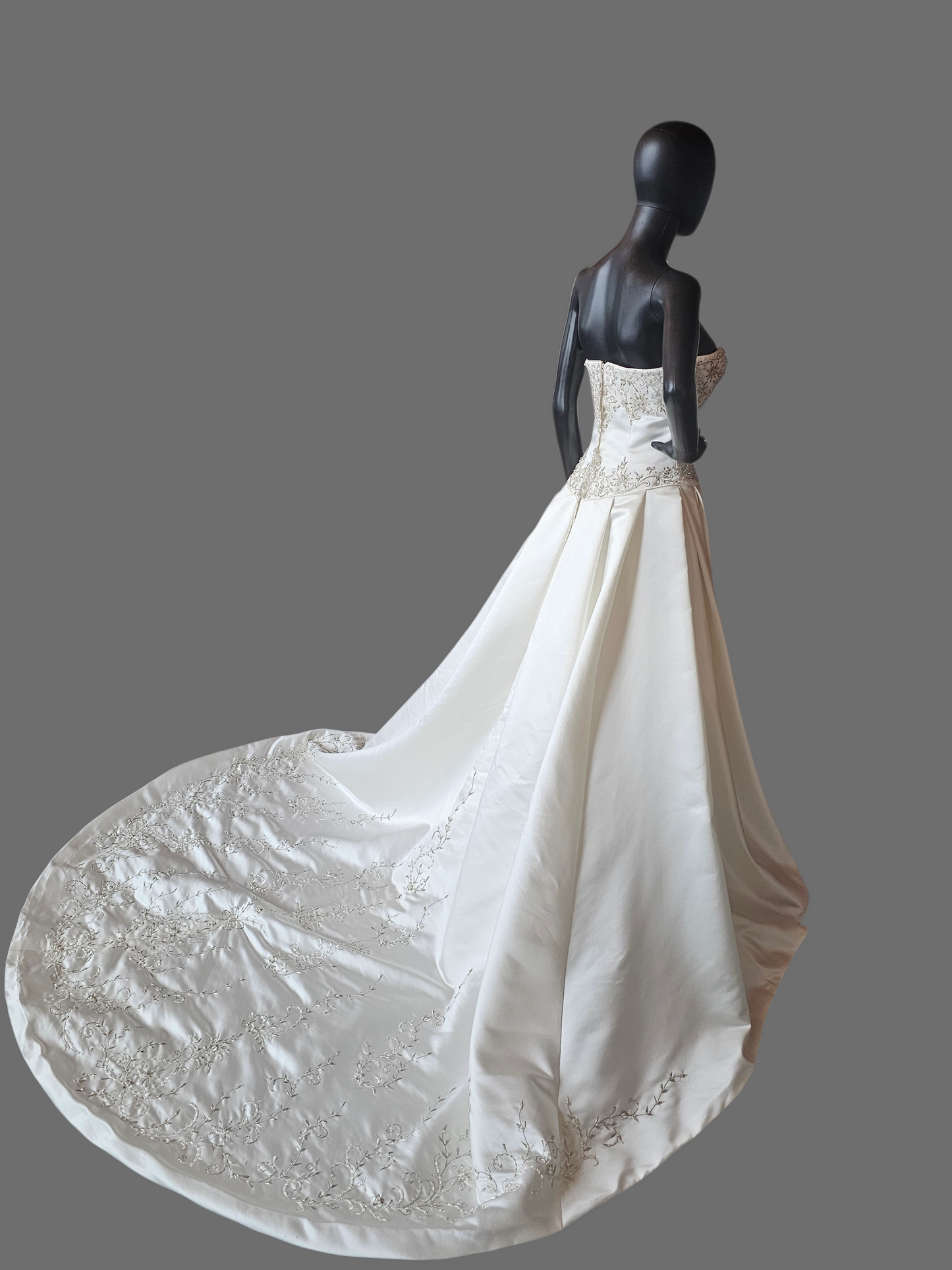 Ivory Satin Strapless Basque Waist Embroidered Wedding Gown  - Signature