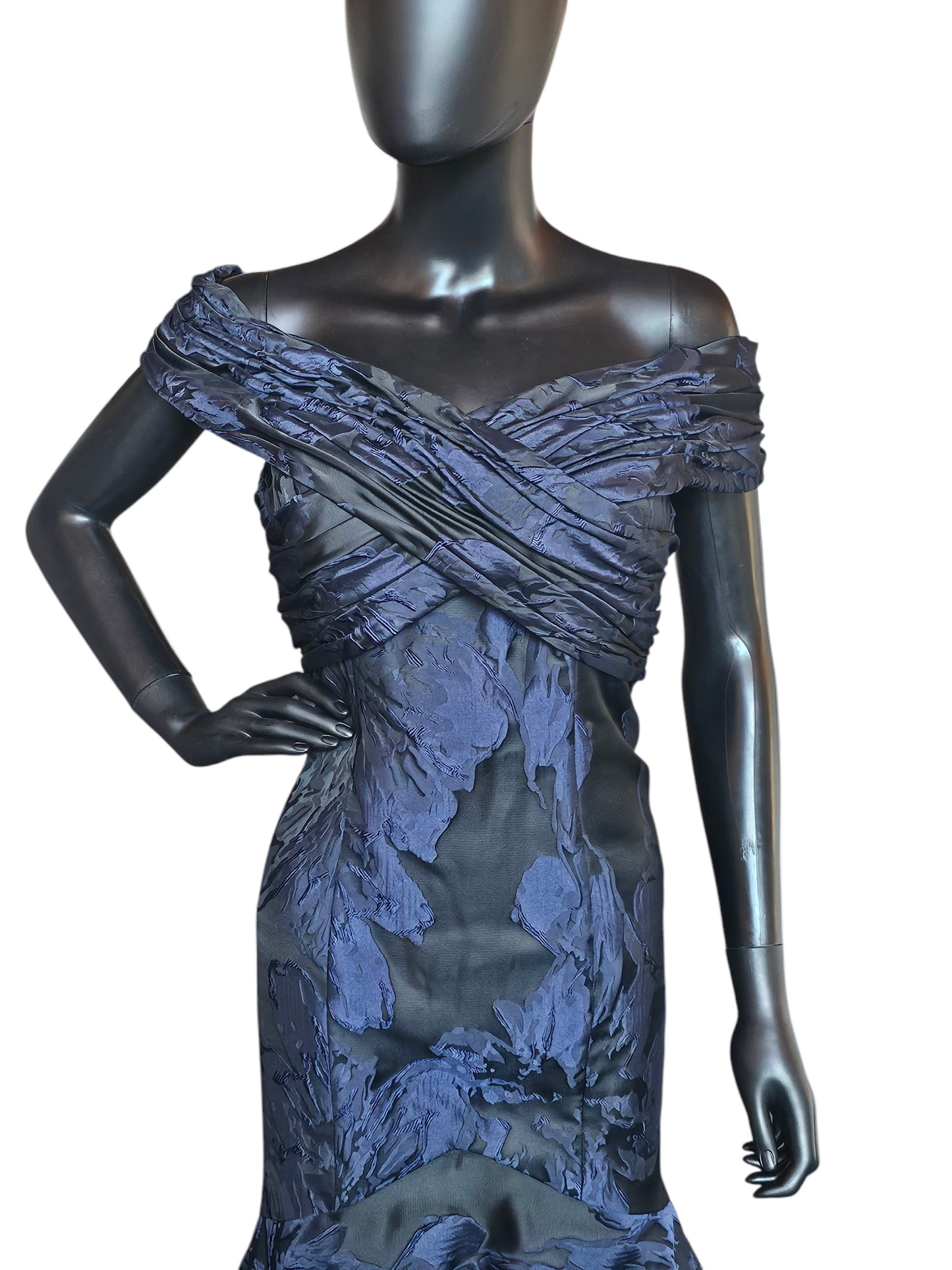 Black/Navy Jacquard Off Shoulder Fit/Flare Formal Gown - Madeline Gardner