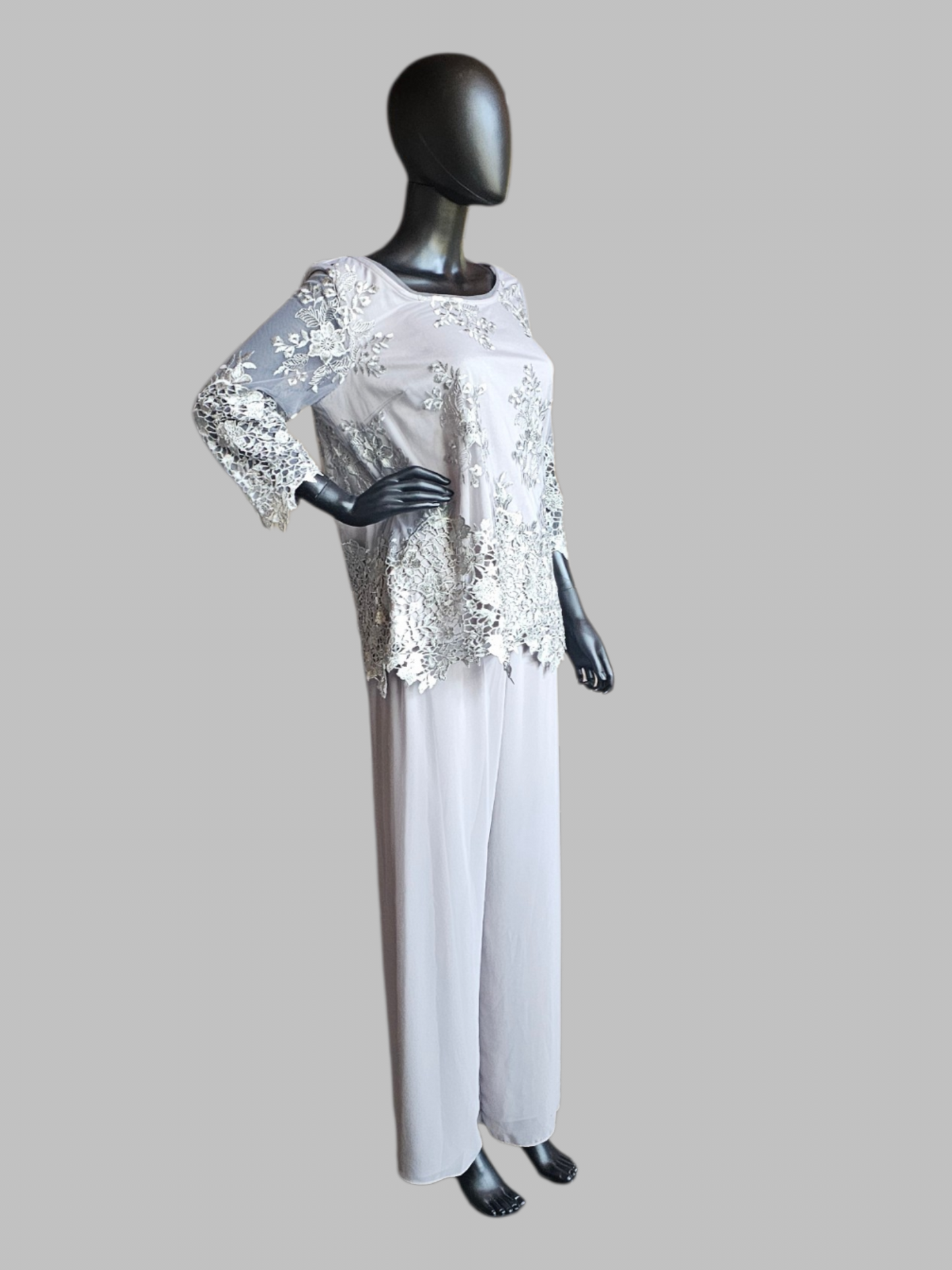 Grey Lace 3/4 Sleeve Chiffon 2 Piece Pant Mothers Formal Wear - Alex Evenings